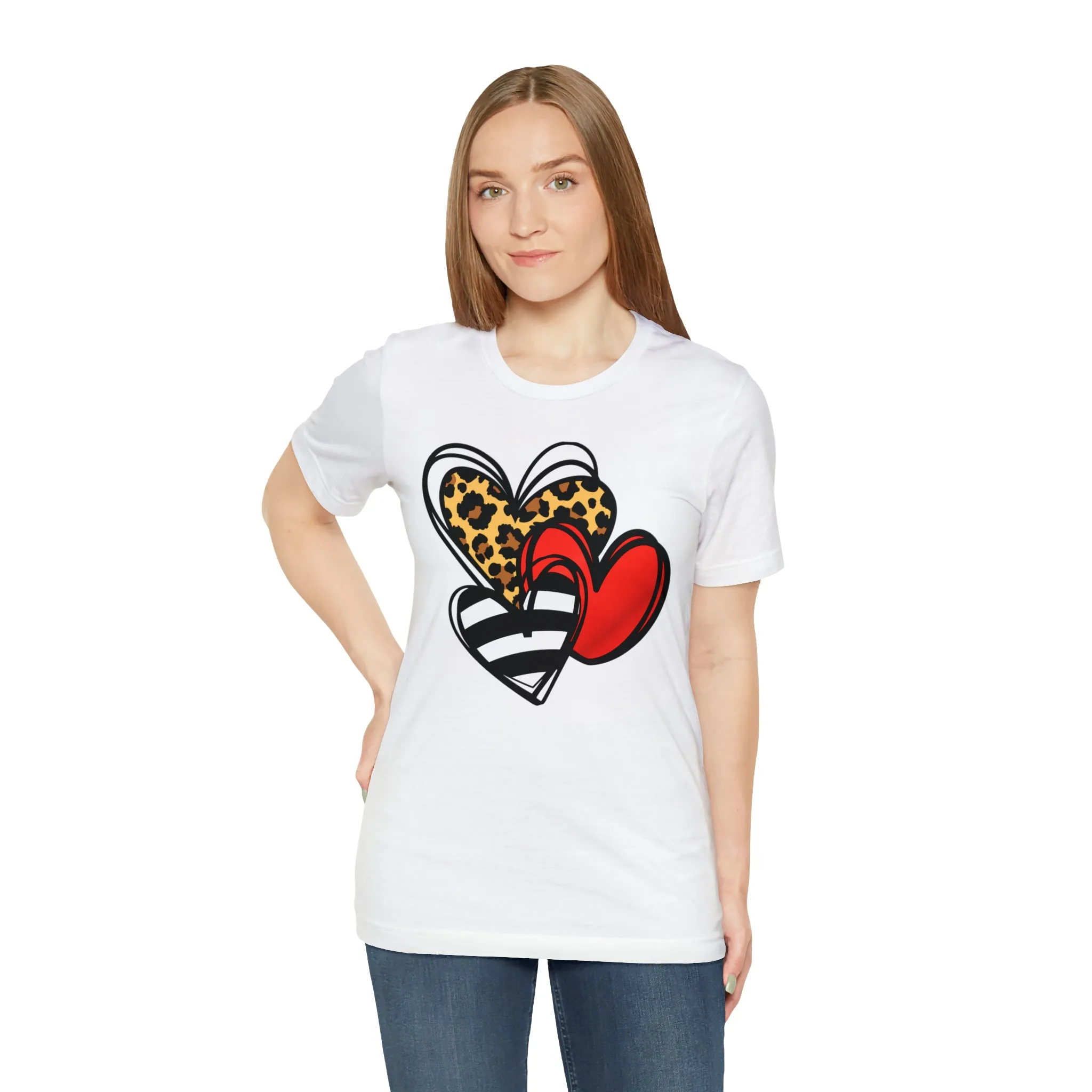 Leopard, Striped, Red Heart T-Shirt | Three Heart Tee |  Bella Canvas 3001 Unisex |  Happy Valentine's Day Short Sleeve Tshirt