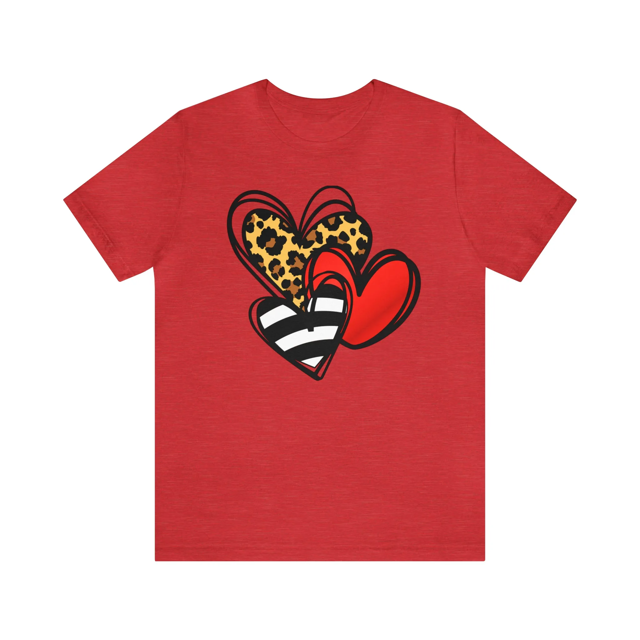 Leopard, Striped, Red Heart T-Shirt | Three Heart Tee |  Bella Canvas 3001 Unisex |  Happy Valentine's Day Short Sleeve Tshirt