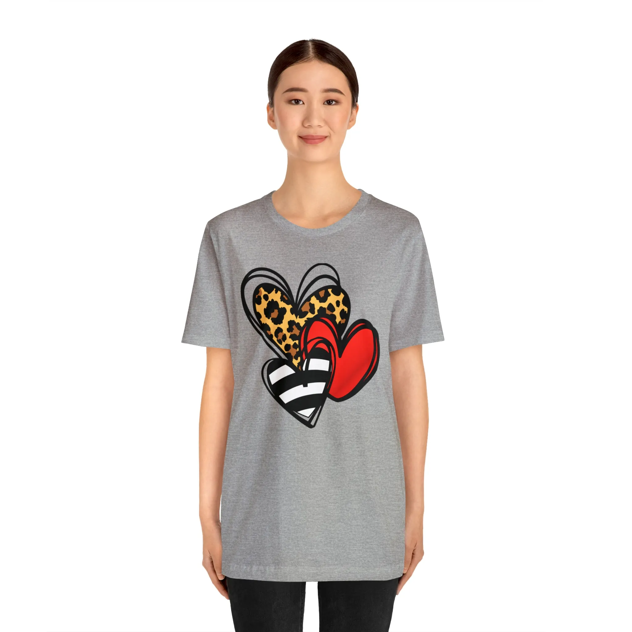 Leopard, Striped, Red Heart T-Shirt | Three Heart Tee |  Bella Canvas 3001 Unisex |  Happy Valentine's Day Short Sleeve Tshirt