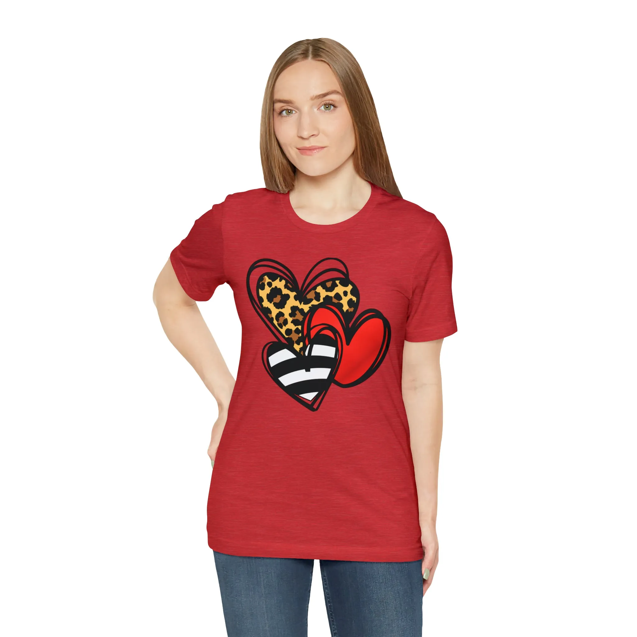 Leopard, Striped, Red Heart T-Shirt | Three Heart Tee |  Bella Canvas 3001 Unisex |  Happy Valentine's Day Short Sleeve Tshirt