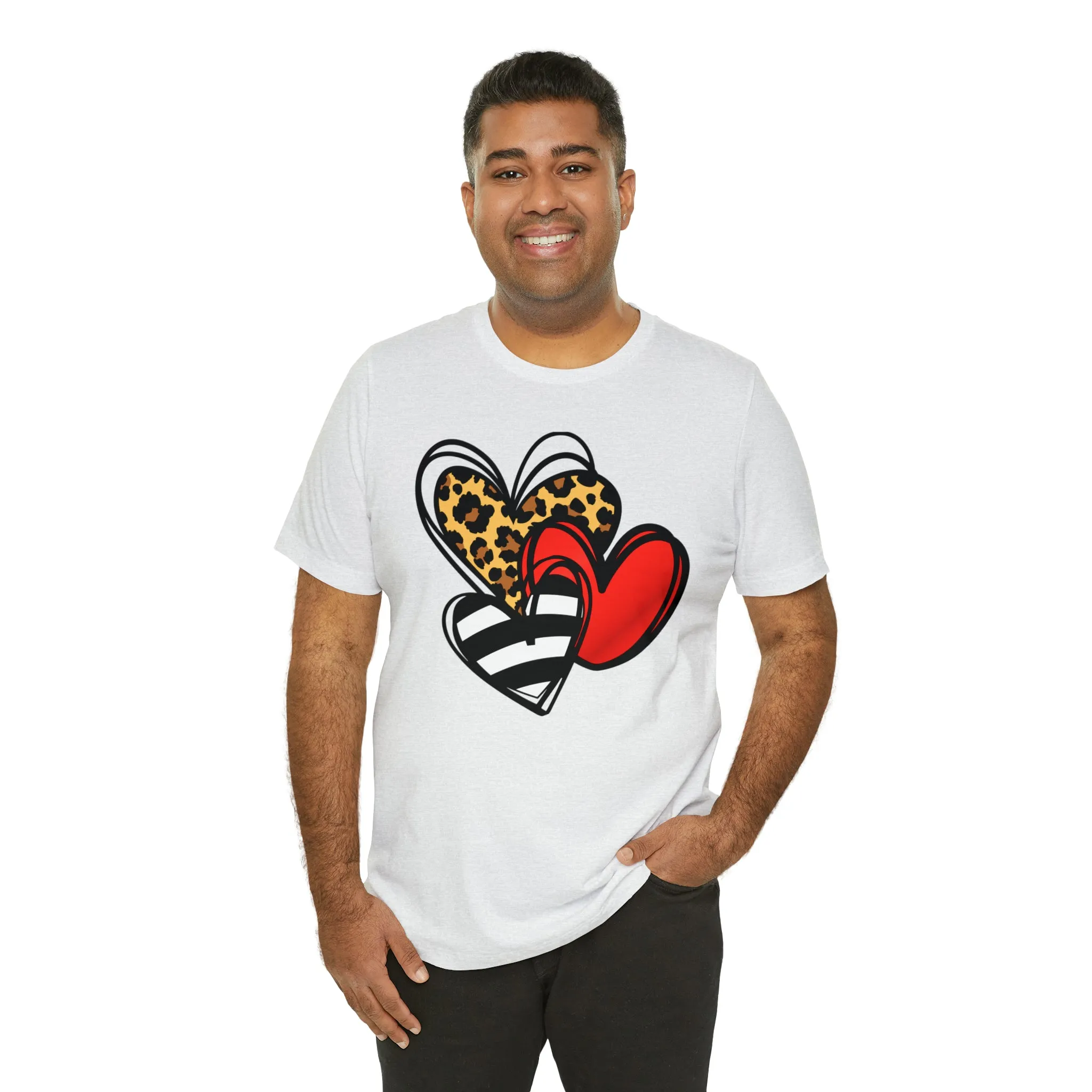 Leopard, Striped, Red Heart T-Shirt | Three Heart Tee |  Bella Canvas 3001 Unisex |  Happy Valentine's Day Short Sleeve Tshirt