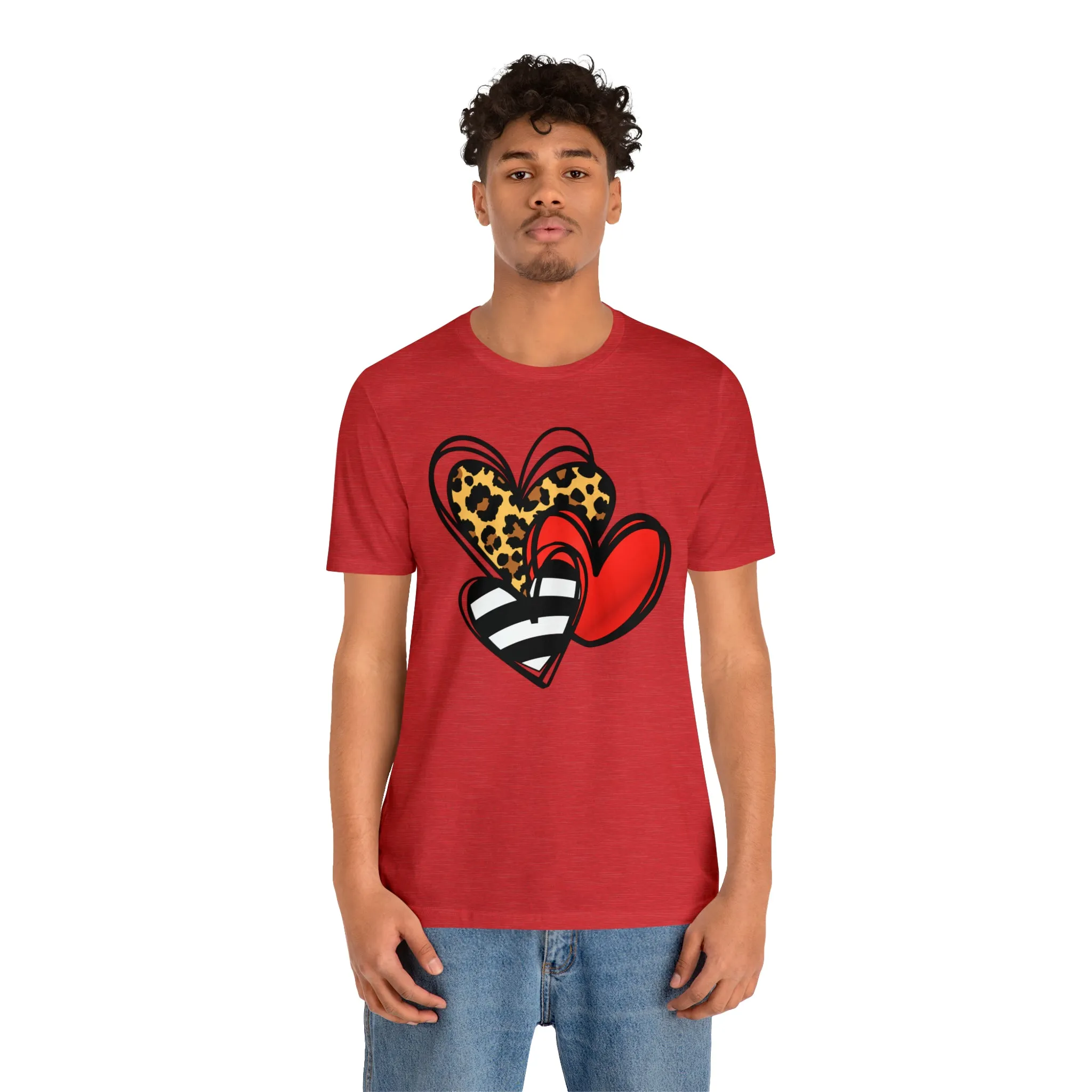 Leopard, Striped, Red Heart T-Shirt | Three Heart Tee |  Bella Canvas 3001 Unisex |  Happy Valentine's Day Short Sleeve Tshirt