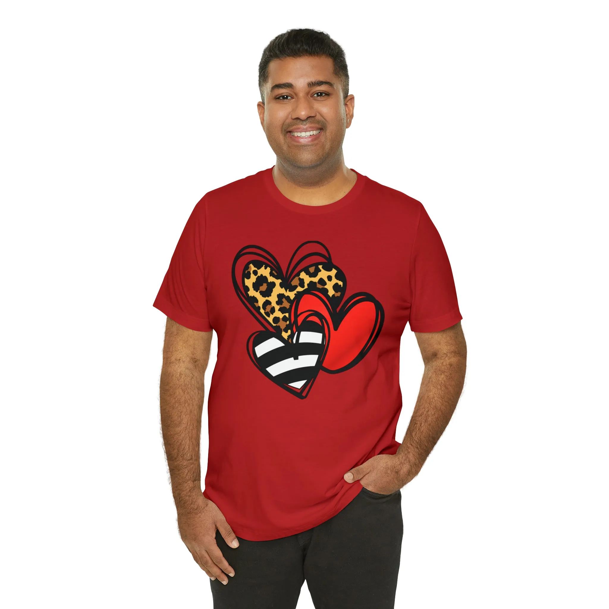 Leopard, Striped, Red Heart T-Shirt | Three Heart Tee |  Bella Canvas 3001 Unisex |  Happy Valentine's Day Short Sleeve Tshirt