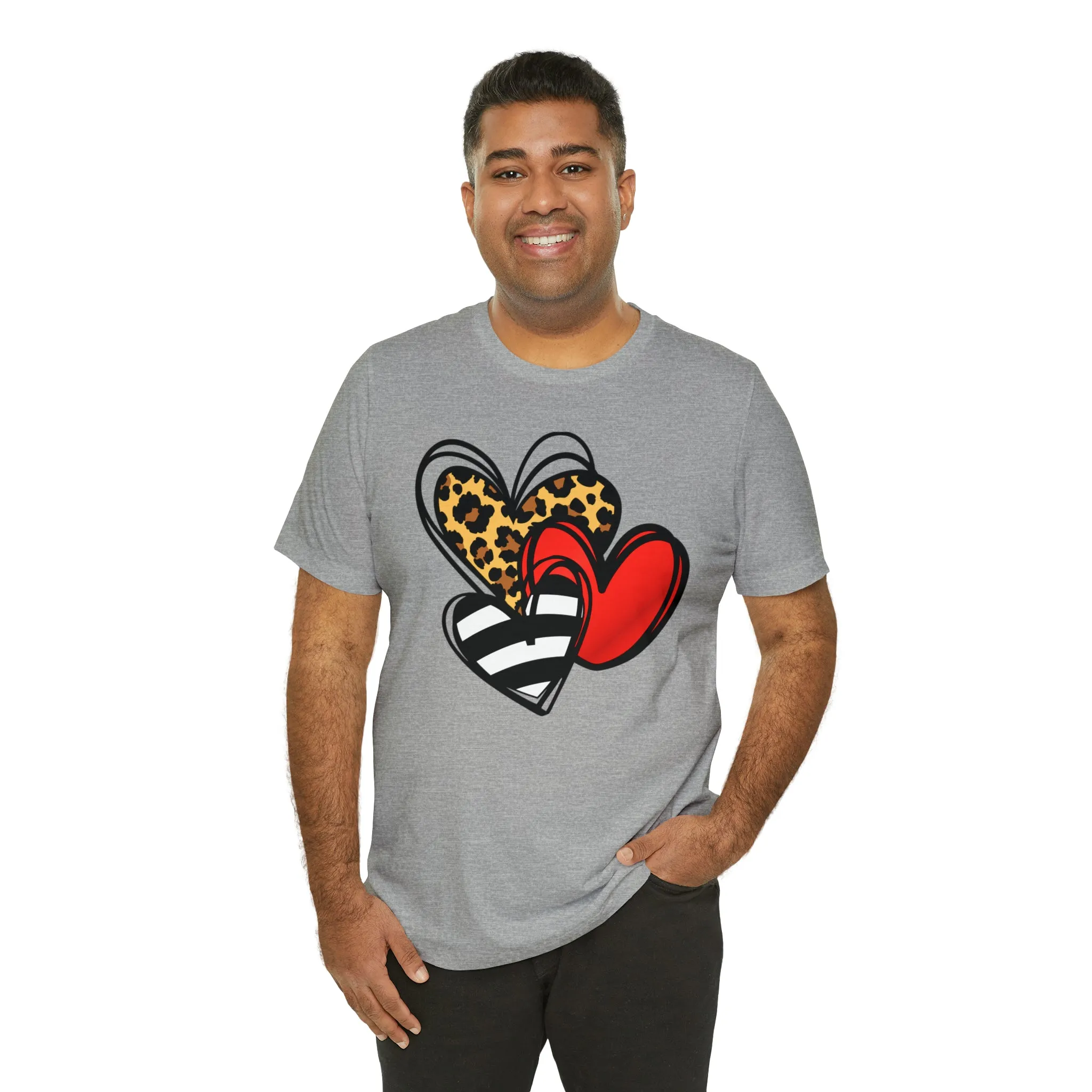 Leopard, Striped, Red Heart T-Shirt | Three Heart Tee |  Bella Canvas 3001 Unisex |  Happy Valentine's Day Short Sleeve Tshirt