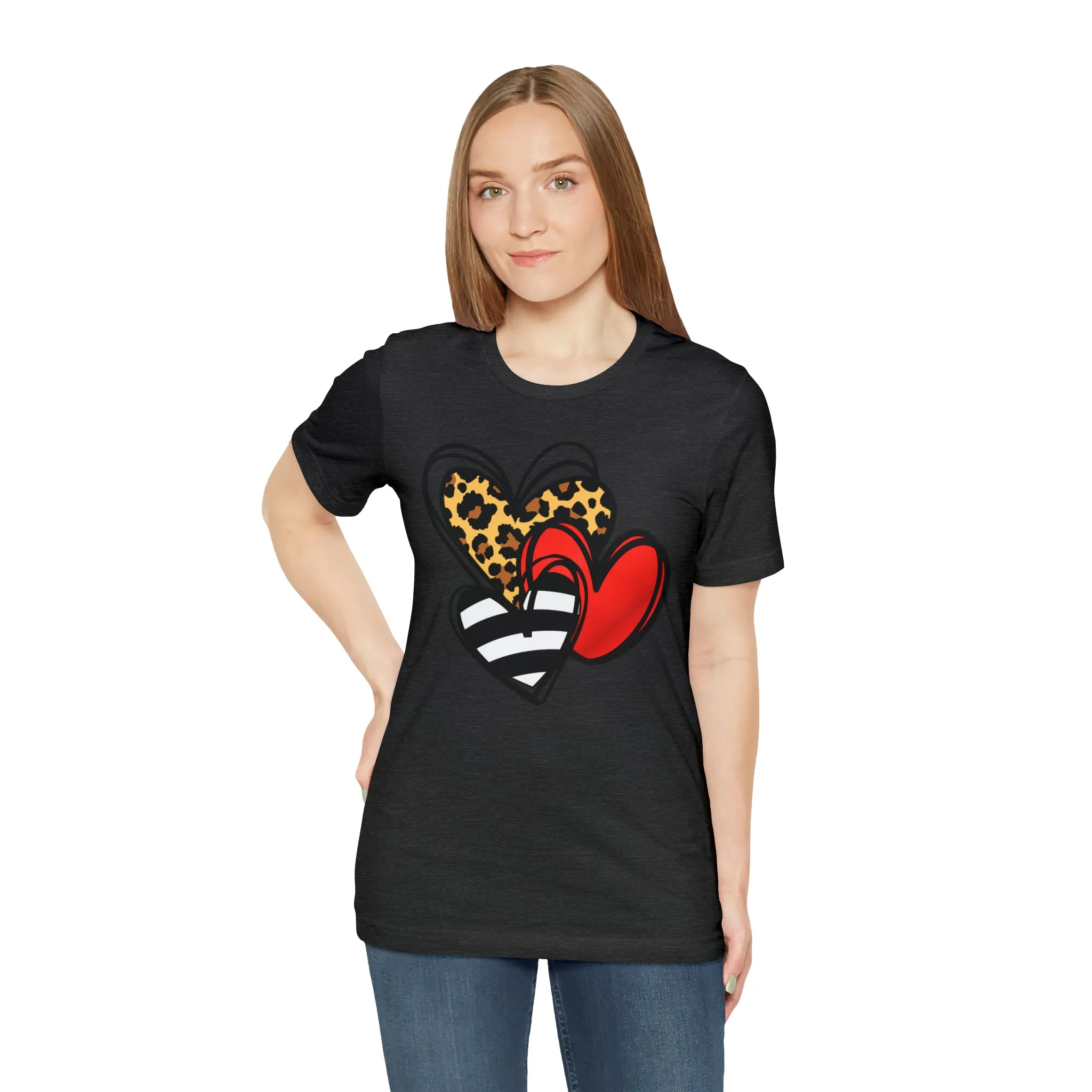 Leopard, Striped, Red Heart T-Shirt | Three Heart Tee |  Bella Canvas 3001 Unisex |  Happy Valentine's Day Short Sleeve Tshirt