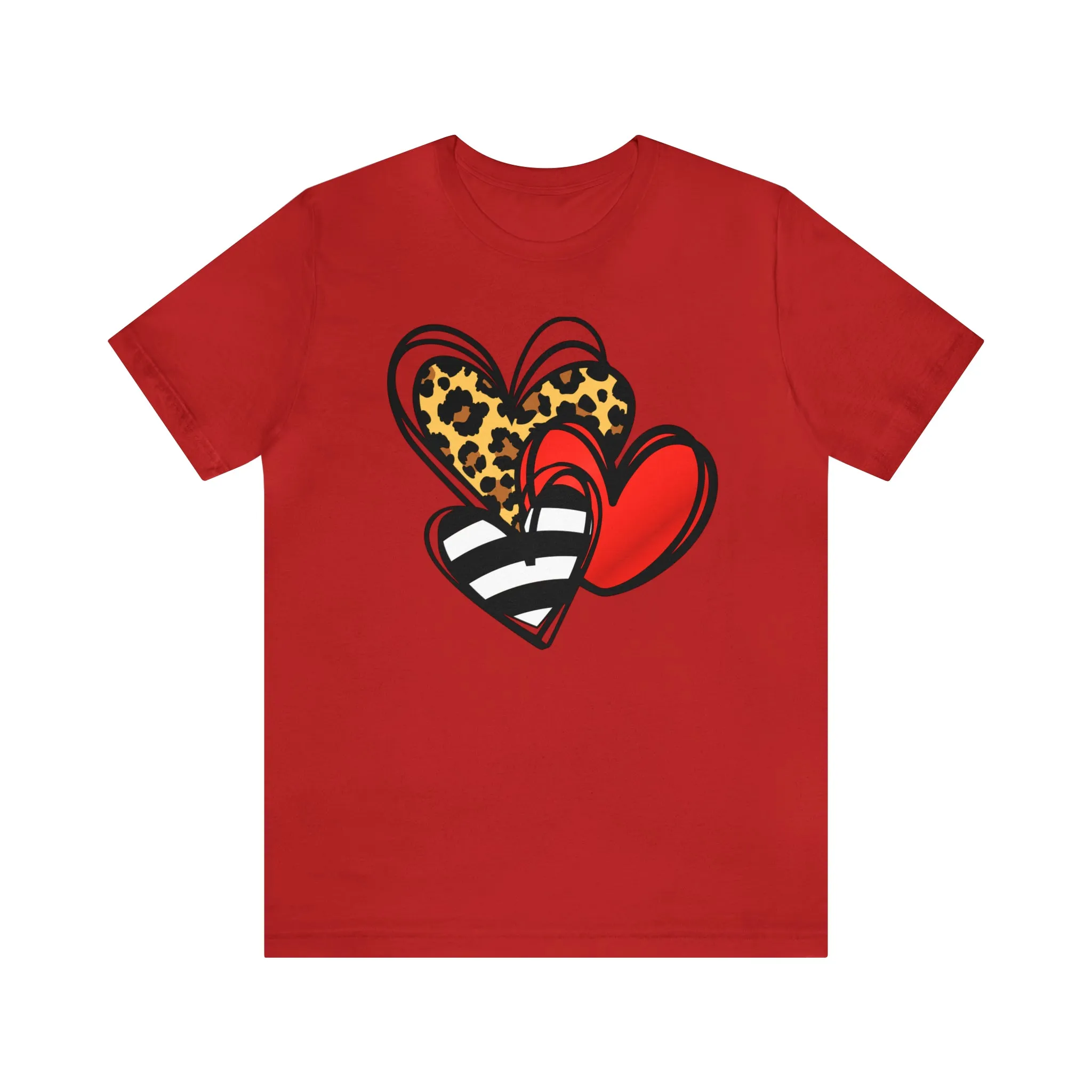 Leopard, Striped, Red Heart T-Shirt | Three Heart Tee |  Bella Canvas 3001 Unisex |  Happy Valentine's Day Short Sleeve Tshirt