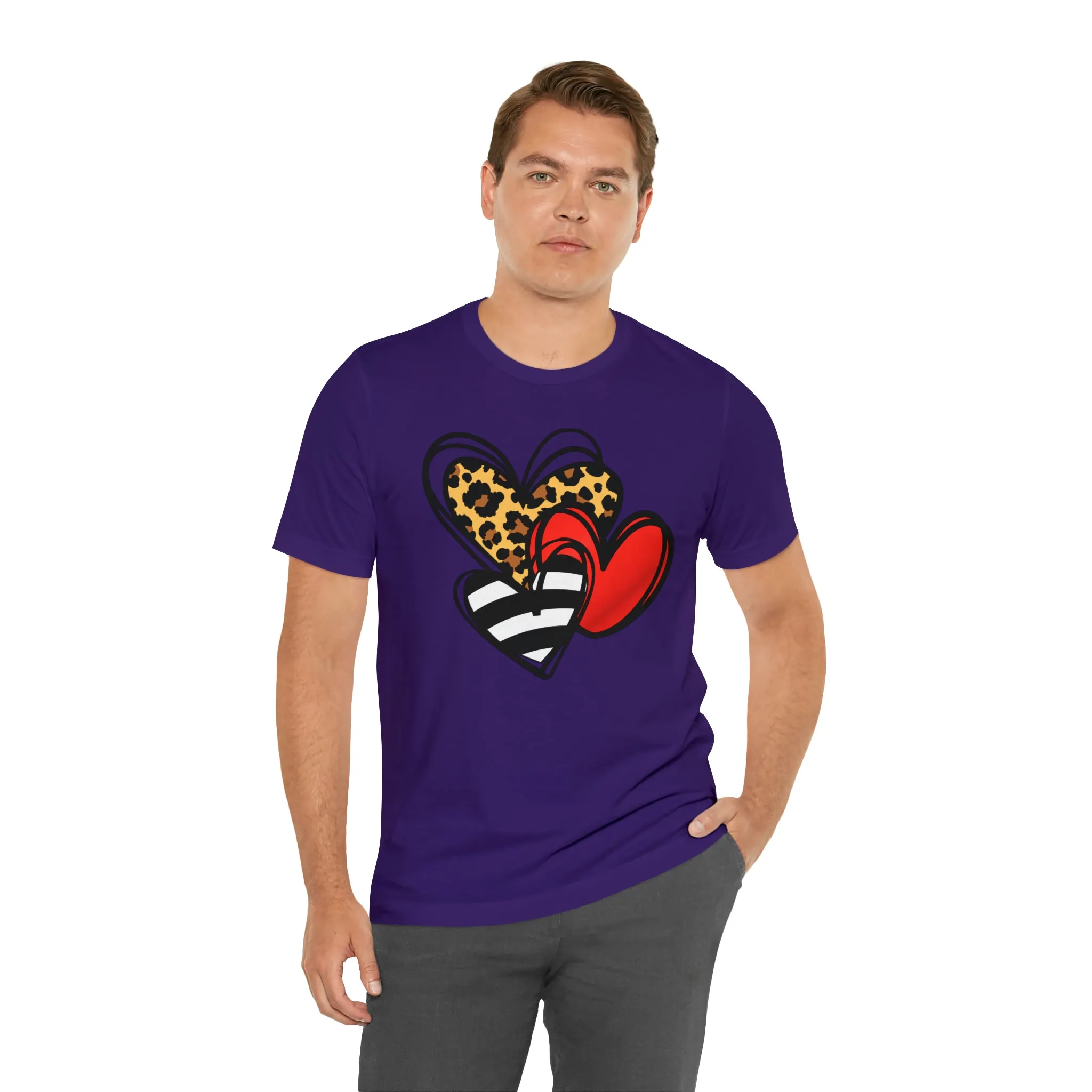 Leopard, Striped, Red Heart T-Shirt | Three Heart Tee |  Bella Canvas 3001 Unisex |  Happy Valentine's Day Short Sleeve Tshirt