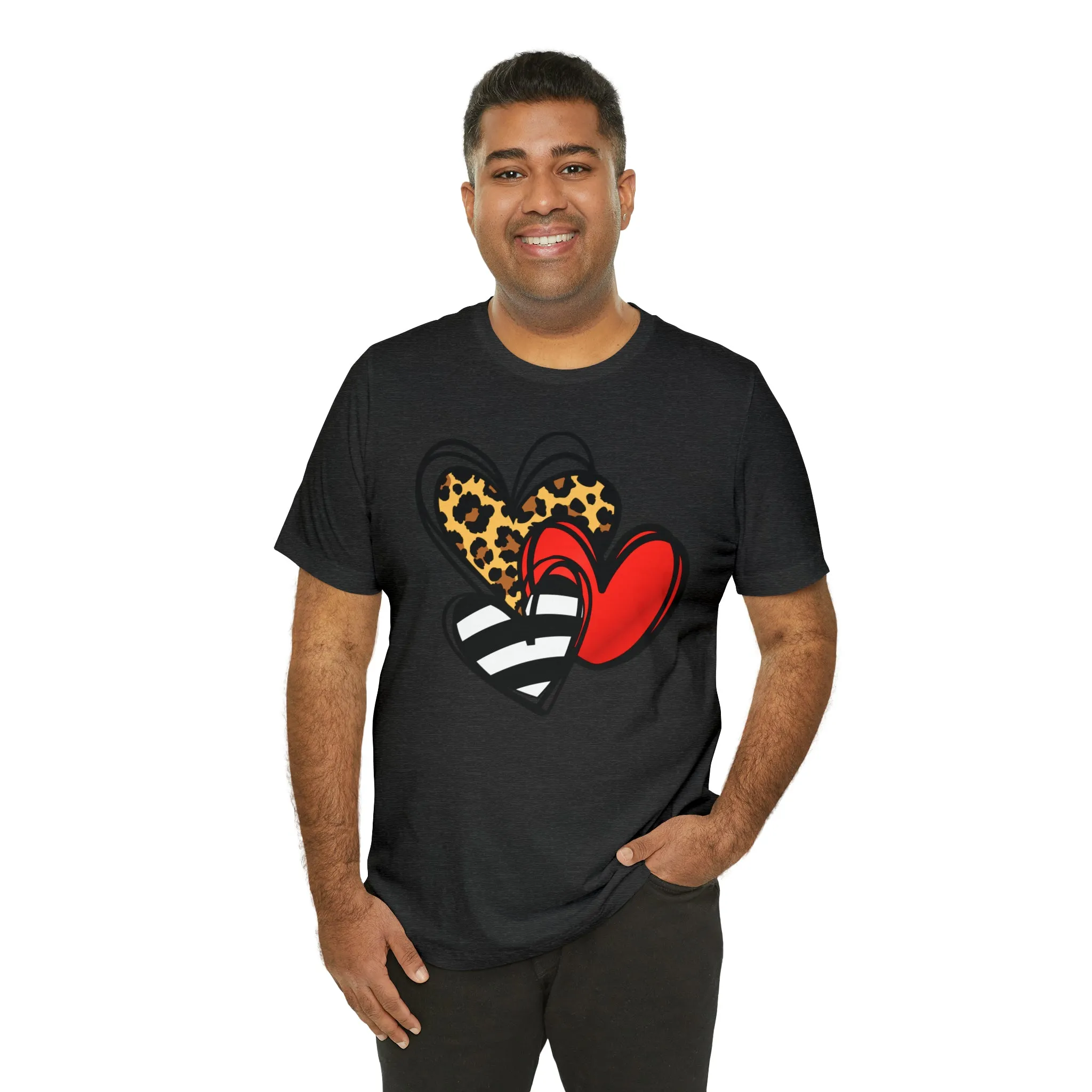 Leopard, Striped, Red Heart T-Shirt | Three Heart Tee |  Bella Canvas 3001 Unisex |  Happy Valentine's Day Short Sleeve Tshirt