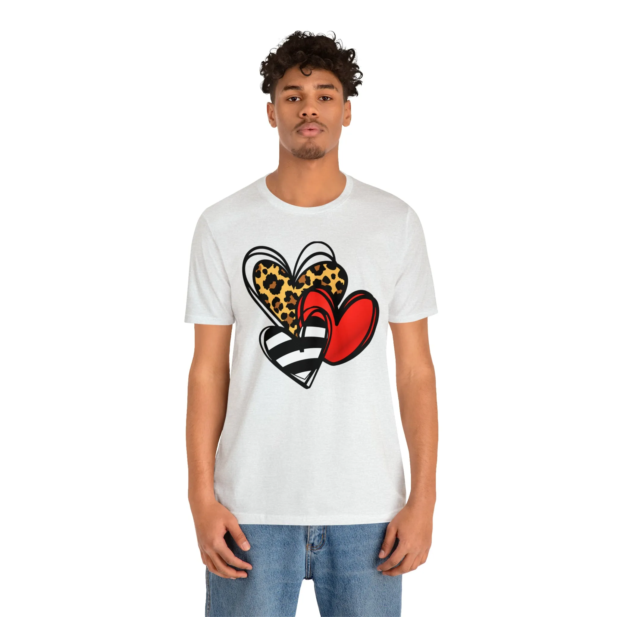 Leopard, Striped, Red Heart T-Shirt | Three Heart Tee |  Bella Canvas 3001 Unisex |  Happy Valentine's Day Short Sleeve Tshirt