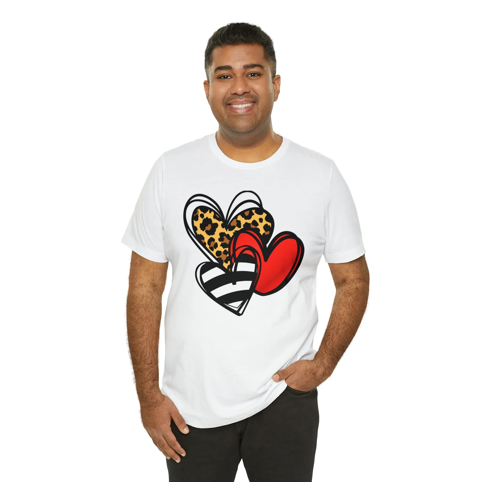 Leopard, Striped, Red Heart T-Shirt | Three Heart Tee |  Bella Canvas 3001 Unisex |  Happy Valentine's Day Short Sleeve Tshirt
