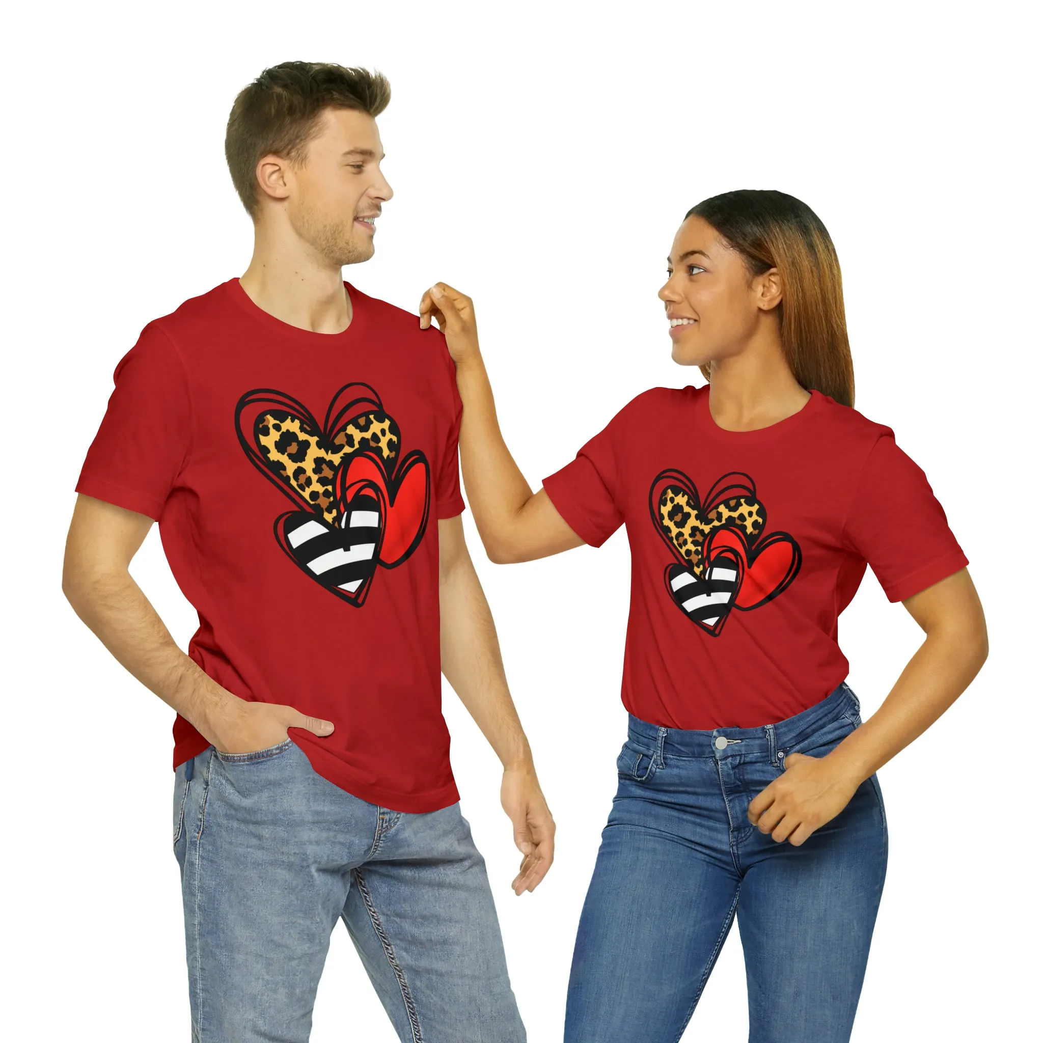 Leopard, Striped, Red Heart T-Shirt | Three Heart Tee |  Bella Canvas 3001 Unisex |  Happy Valentine's Day Short Sleeve Tshirt