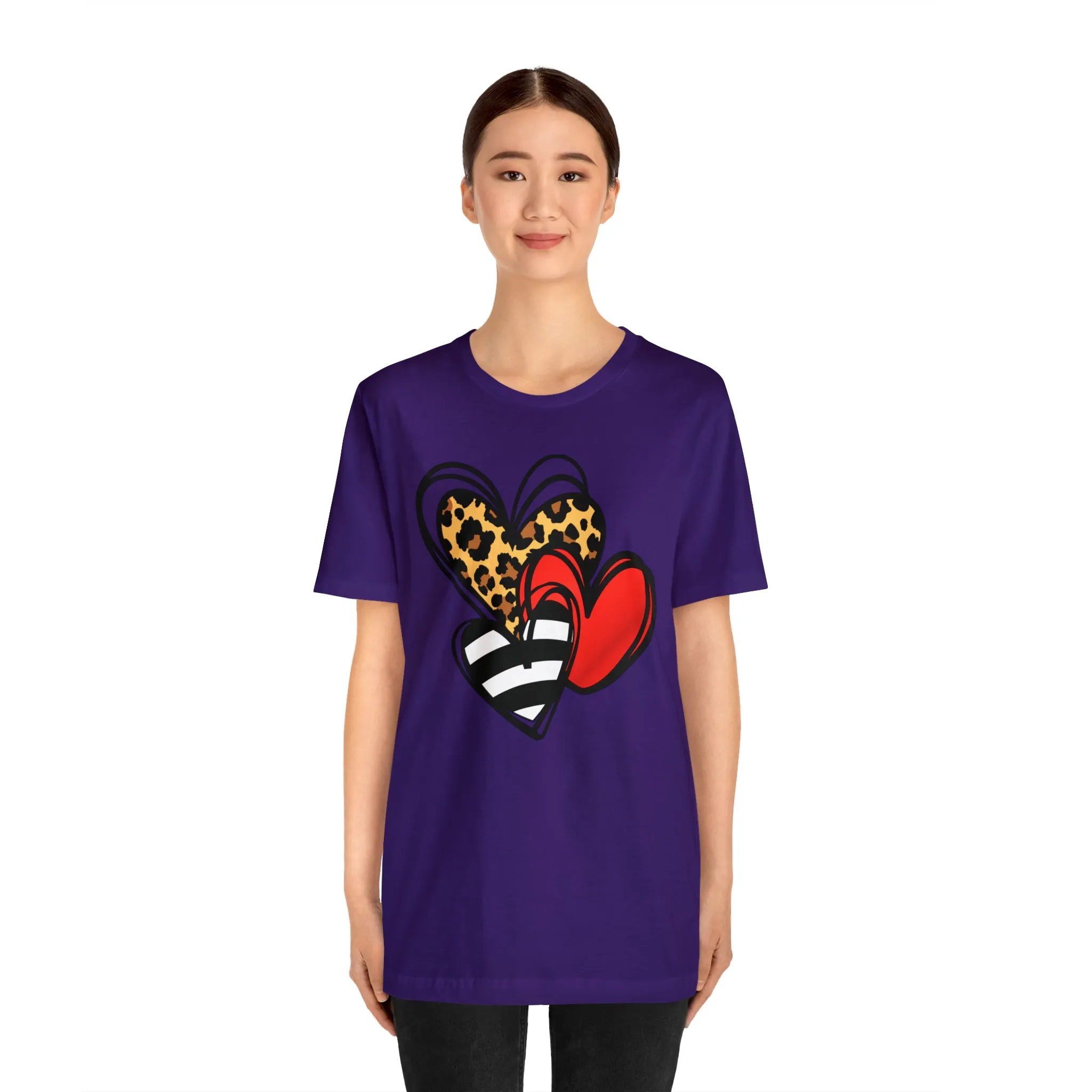 Leopard, Striped, Red Heart T-Shirt | Three Heart Tee |  Bella Canvas 3001 Unisex |  Happy Valentine's Day Short Sleeve Tshirt