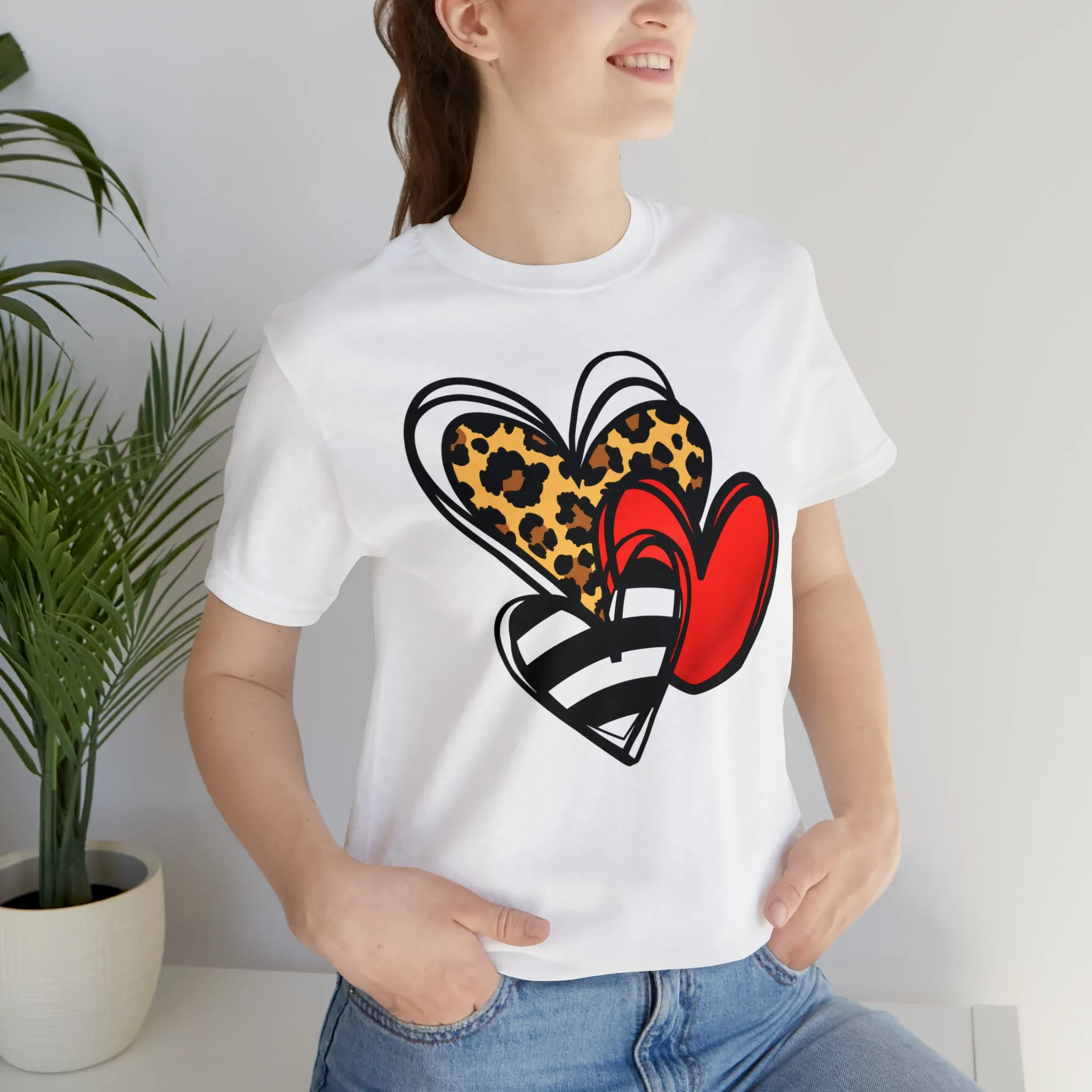 Leopard, Striped, Red Heart T-Shirt | Three Heart Tee |  Bella Canvas 3001 Unisex |  Happy Valentine's Day Short Sleeve Tshirt