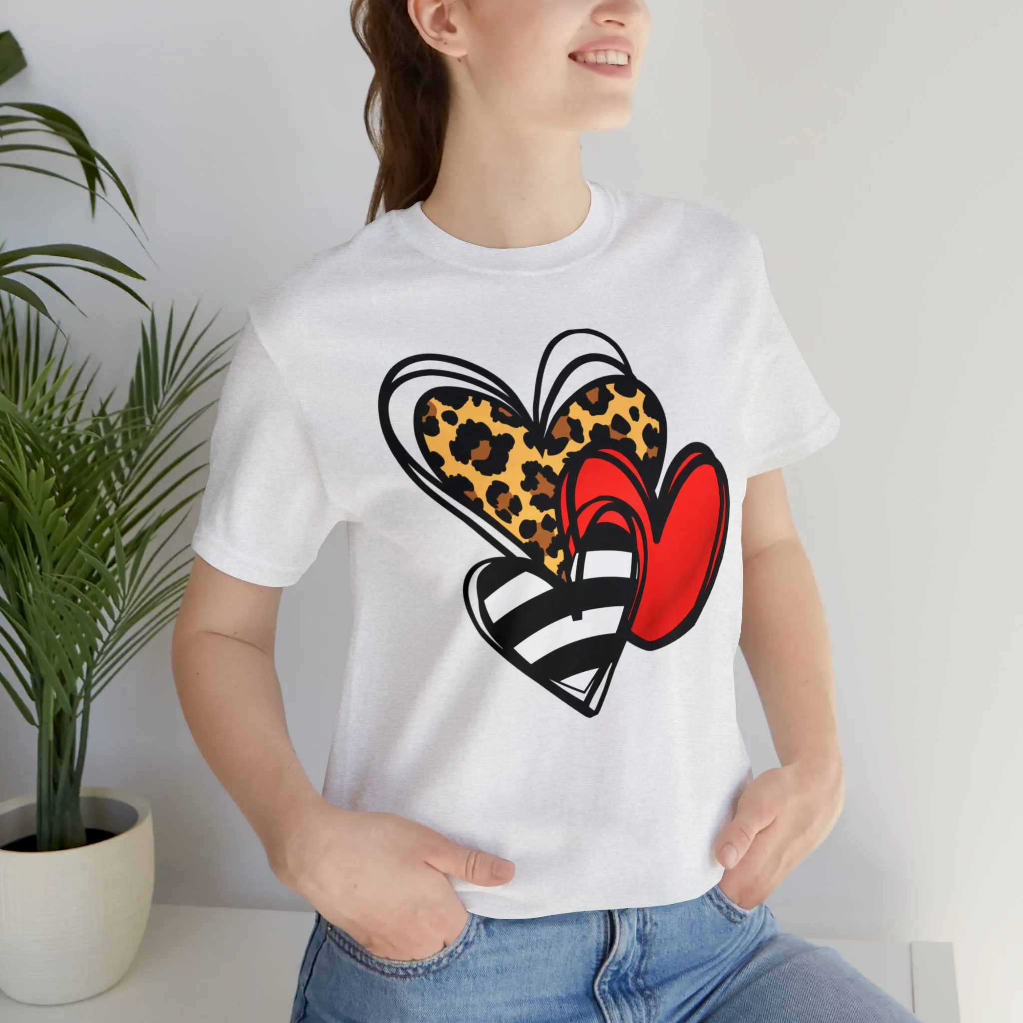 Leopard, Striped, Red Heart T-Shirt | Three Heart Tee |  Bella Canvas 3001 Unisex |  Happy Valentine's Day Short Sleeve Tshirt