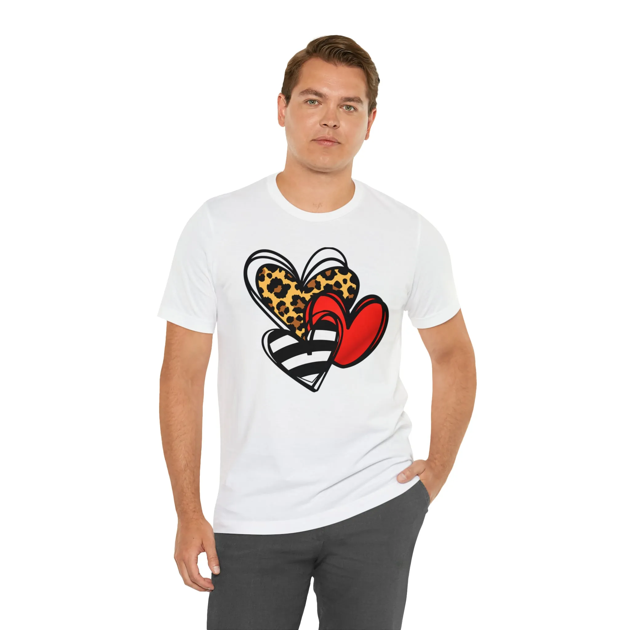 Leopard, Striped, Red Heart T-Shirt | Three Heart Tee |  Bella Canvas 3001 Unisex |  Happy Valentine's Day Short Sleeve Tshirt
