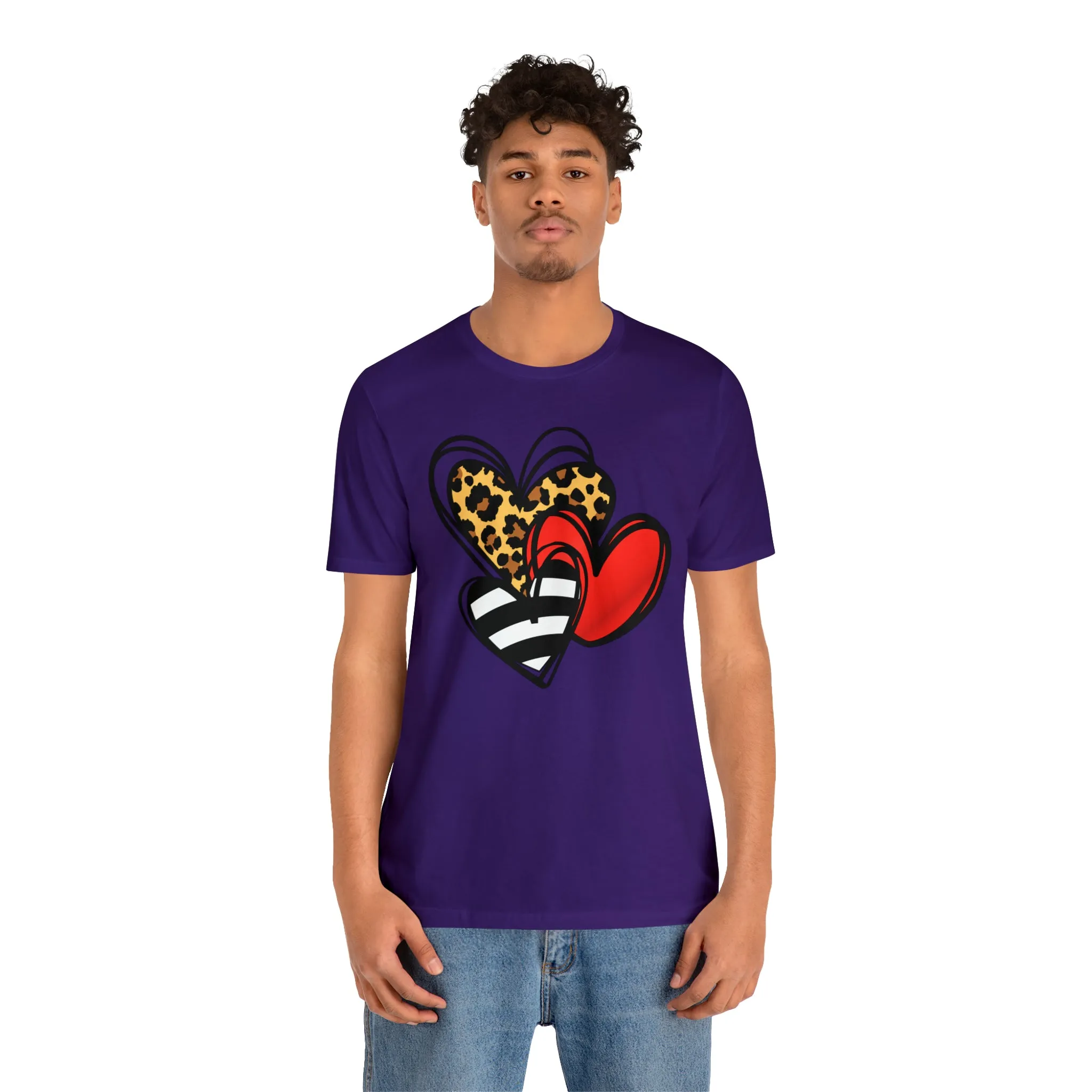 Leopard, Striped, Red Heart T-Shirt | Three Heart Tee |  Bella Canvas 3001 Unisex |  Happy Valentine's Day Short Sleeve Tshirt