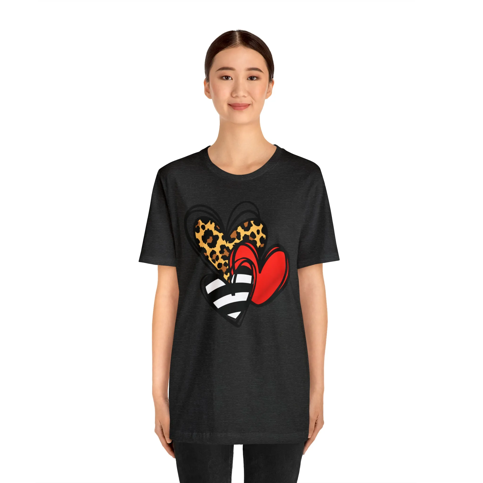 Leopard, Striped, Red Heart T-Shirt | Three Heart Tee |  Bella Canvas 3001 Unisex |  Happy Valentine's Day Short Sleeve Tshirt