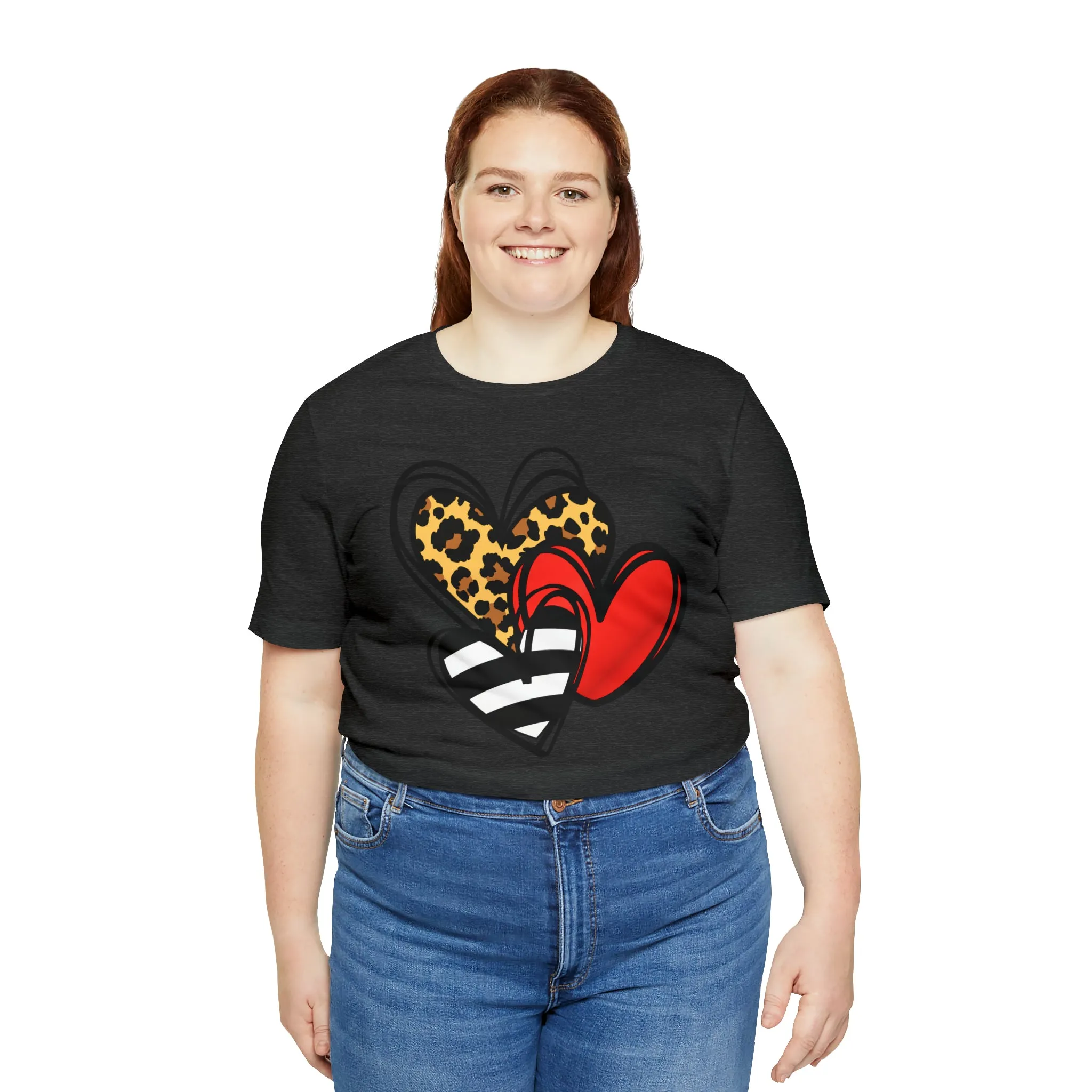 Leopard, Striped, Red Heart T-Shirt | Three Heart Tee |  Bella Canvas 3001 Unisex |  Happy Valentine's Day Short Sleeve Tshirt