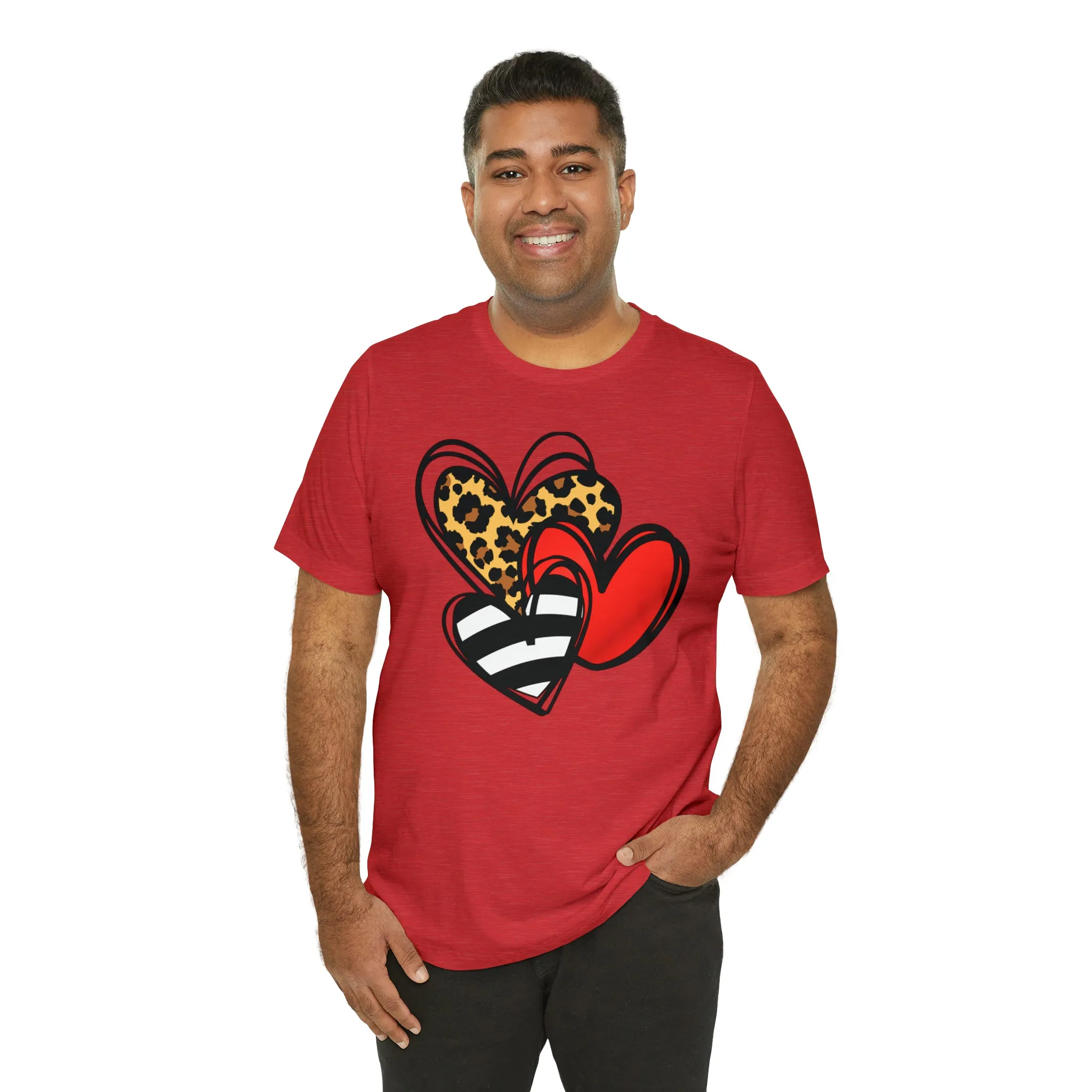 Leopard, Striped, Red Heart T-Shirt | Three Heart Tee |  Bella Canvas 3001 Unisex |  Happy Valentine's Day Short Sleeve Tshirt