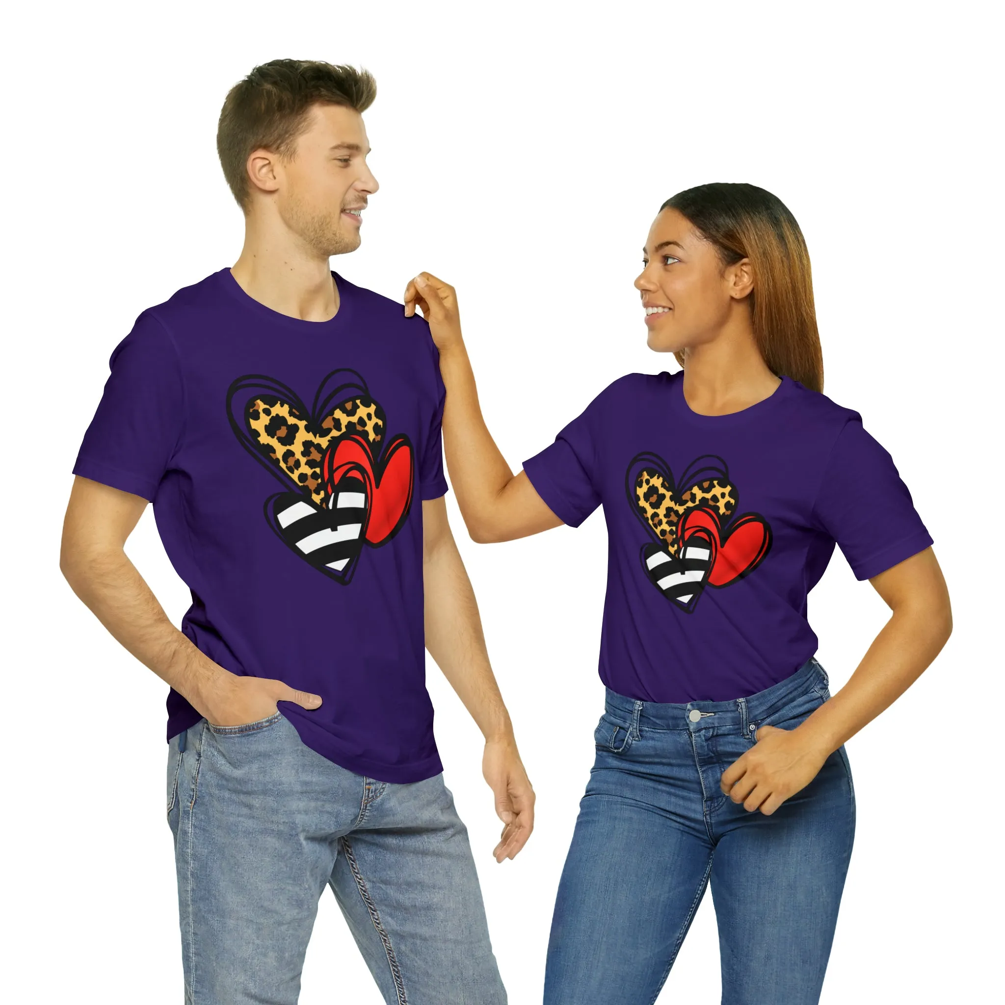 Leopard, Striped, Red Heart T-Shirt | Three Heart Tee |  Bella Canvas 3001 Unisex |  Happy Valentine's Day Short Sleeve Tshirt