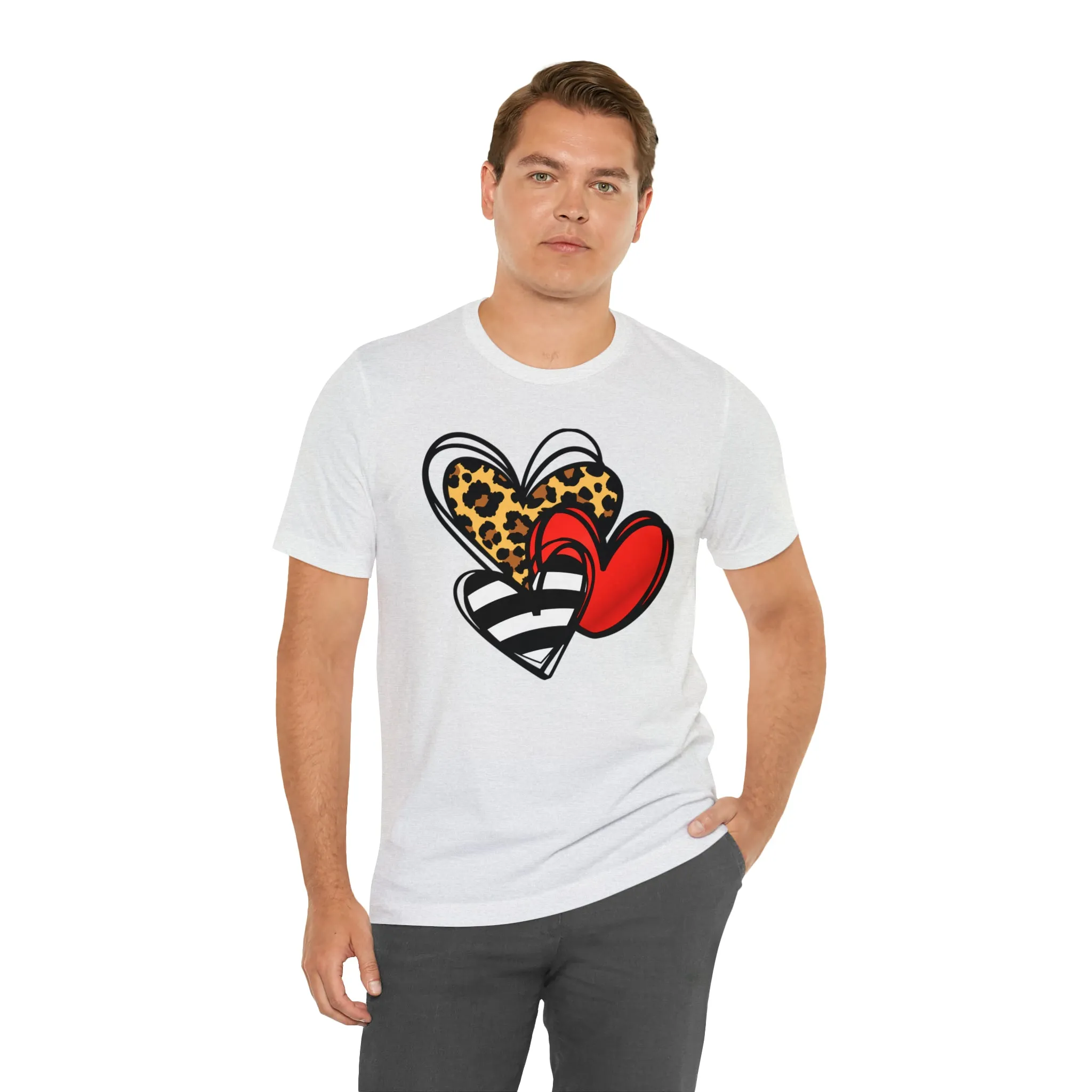 Leopard, Striped, Red Heart T-Shirt | Three Heart Tee |  Bella Canvas 3001 Unisex |  Happy Valentine's Day Short Sleeve Tshirt