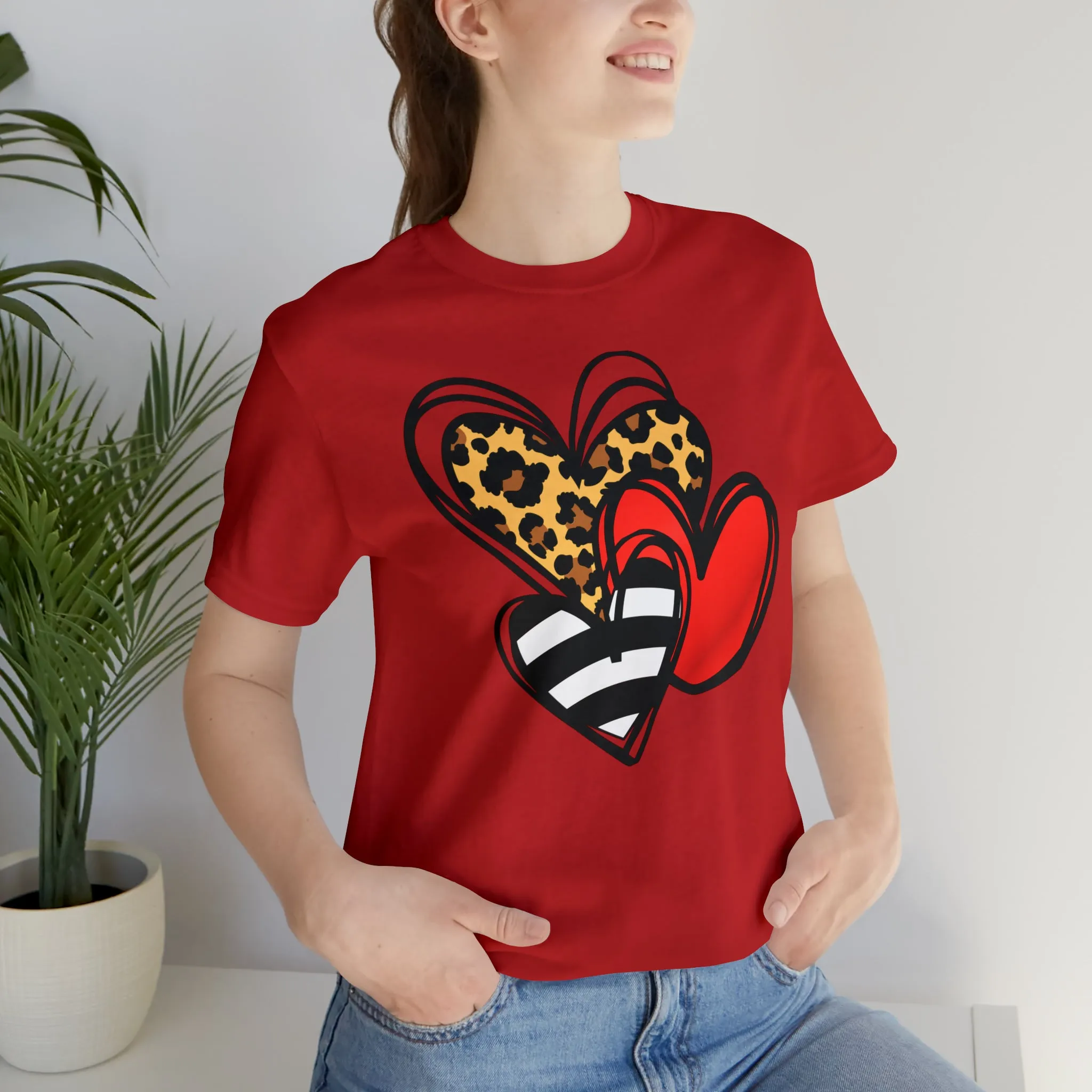 Leopard, Striped, Red Heart T-Shirt | Three Heart Tee |  Bella Canvas 3001 Unisex |  Happy Valentine's Day Short Sleeve Tshirt