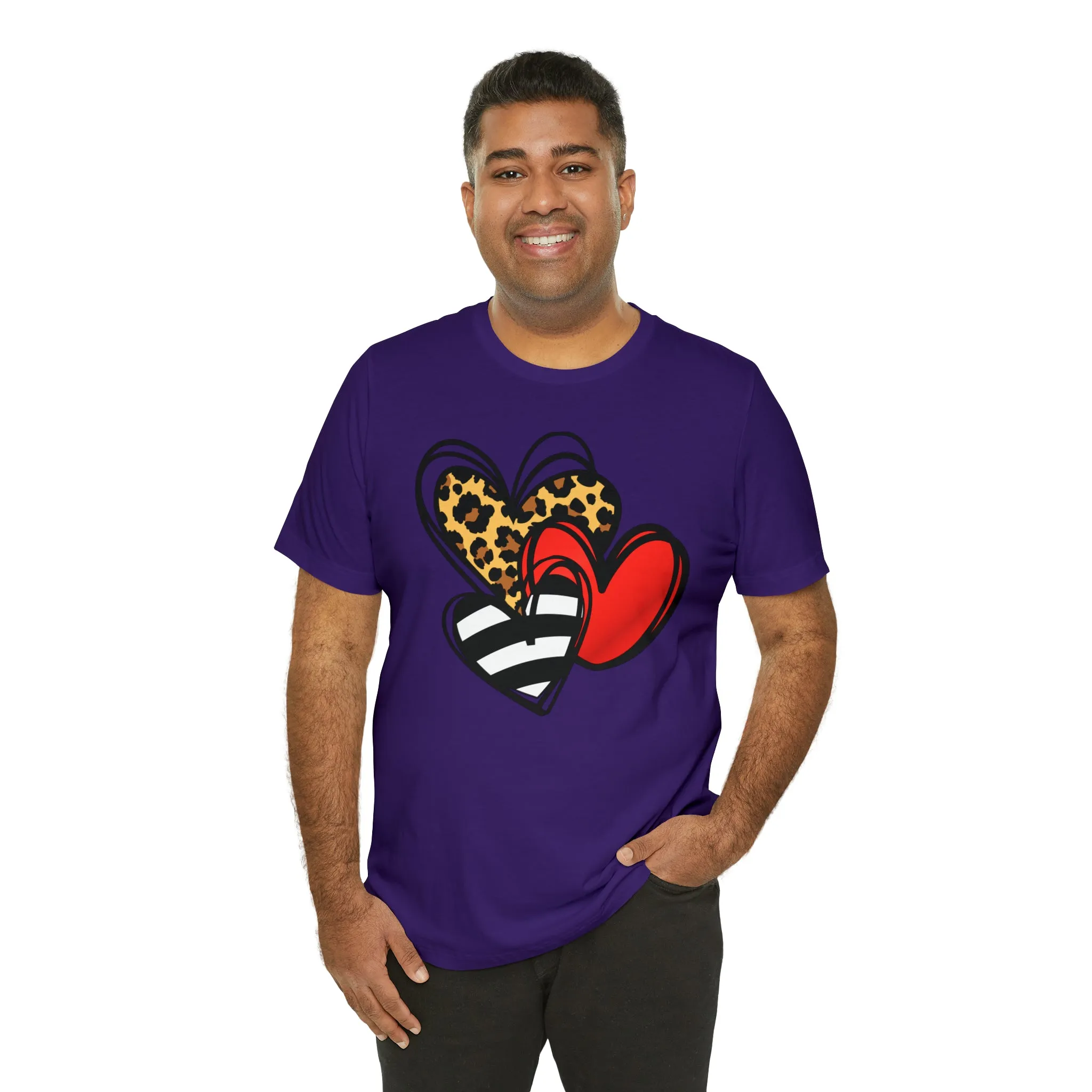 Leopard, Striped, Red Heart T-Shirt | Three Heart Tee |  Bella Canvas 3001 Unisex |  Happy Valentine's Day Short Sleeve Tshirt