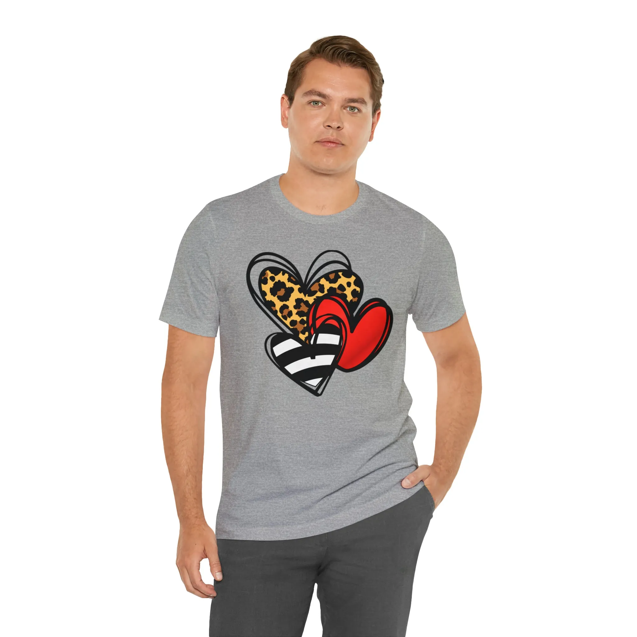 Leopard, Striped, Red Heart T-Shirt | Three Heart Tee |  Bella Canvas 3001 Unisex |  Happy Valentine's Day Short Sleeve Tshirt