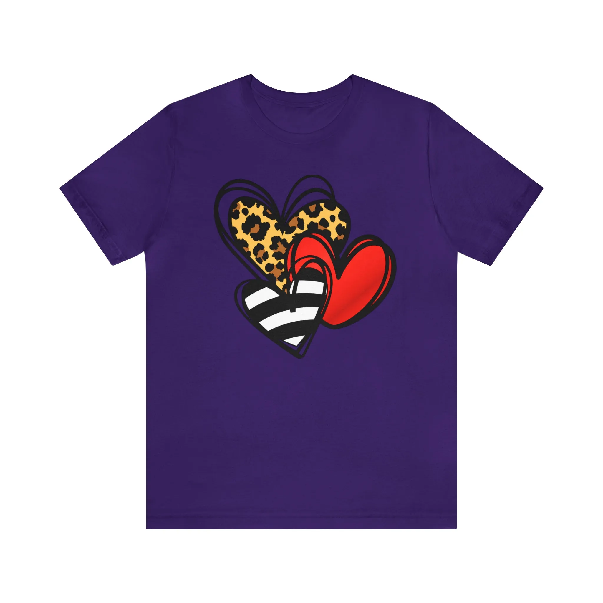 Leopard, Striped, Red Heart T-Shirt | Three Heart Tee |  Bella Canvas 3001 Unisex |  Happy Valentine's Day Short Sleeve Tshirt