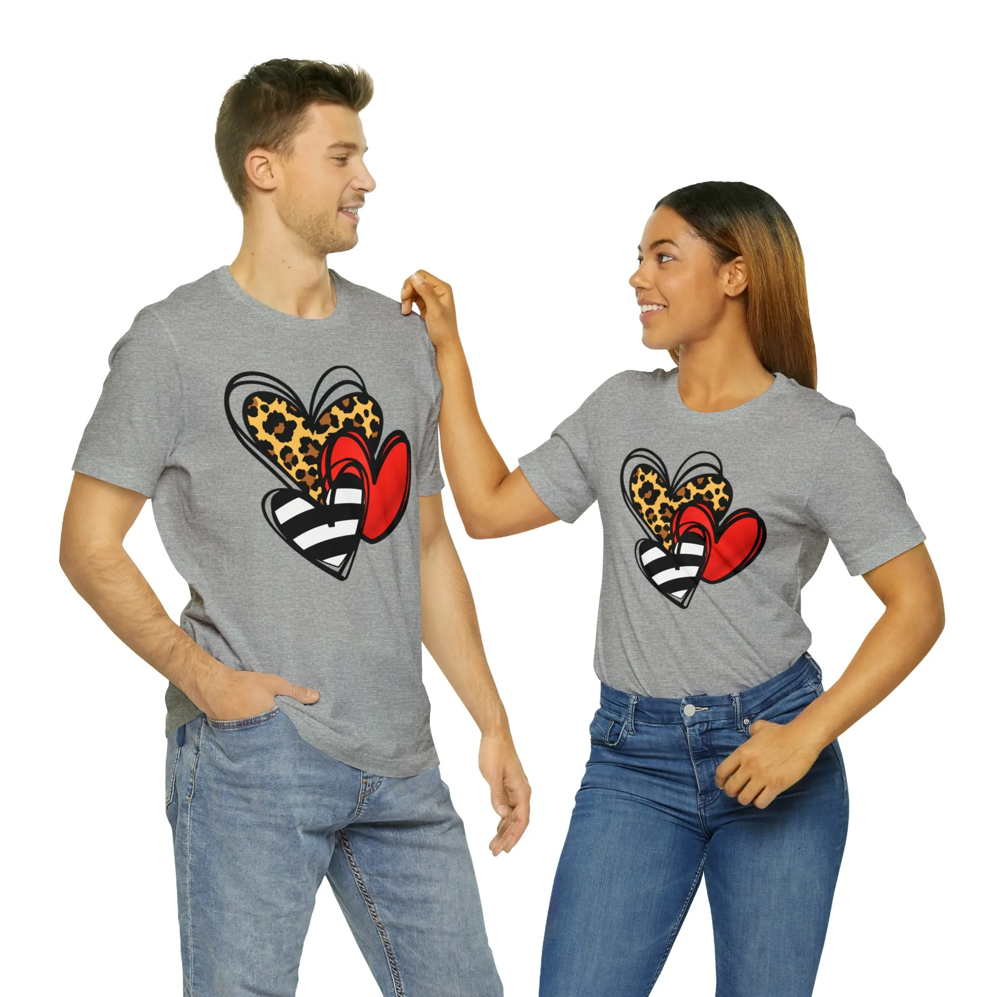 Leopard, Striped, Red Heart T-Shirt | Three Heart Tee |  Bella Canvas 3001 Unisex |  Happy Valentine's Day Short Sleeve Tshirt