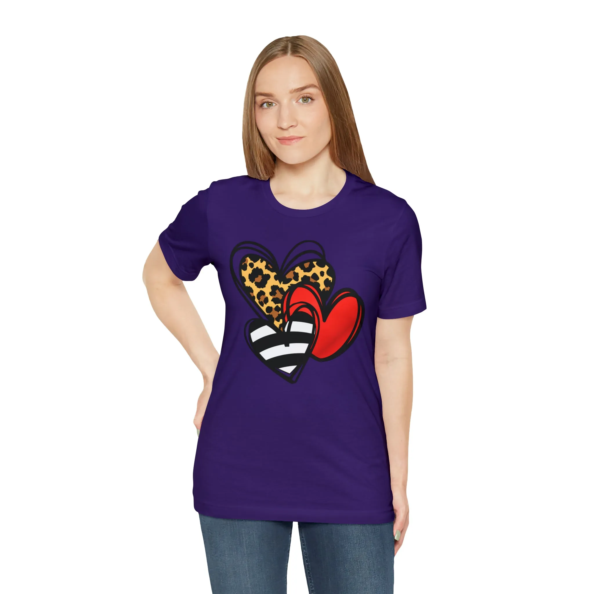 Leopard, Striped, Red Heart T-Shirt | Three Heart Tee |  Bella Canvas 3001 Unisex |  Happy Valentine's Day Short Sleeve Tshirt