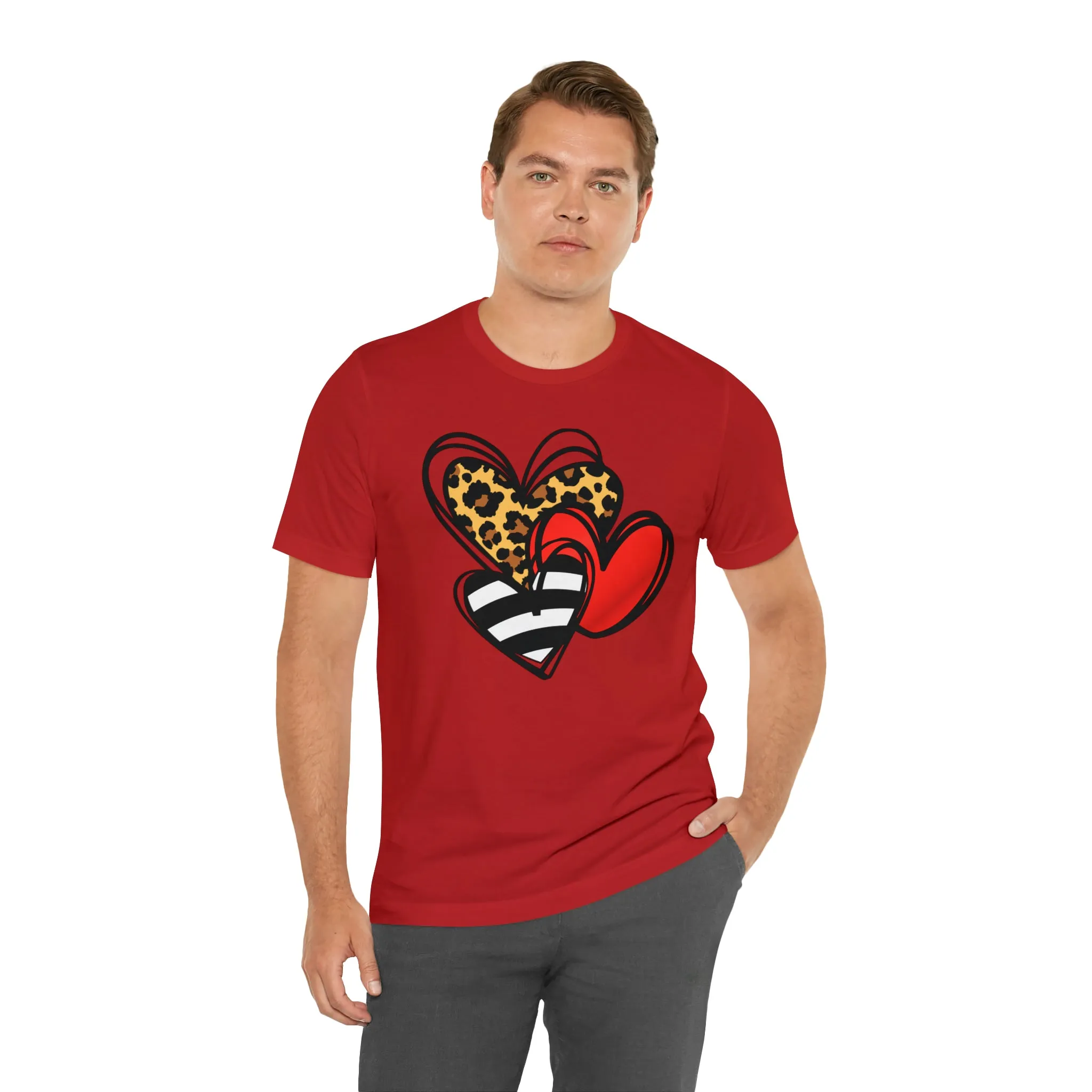 Leopard, Striped, Red Heart T-Shirt | Three Heart Tee |  Bella Canvas 3001 Unisex |  Happy Valentine's Day Short Sleeve Tshirt