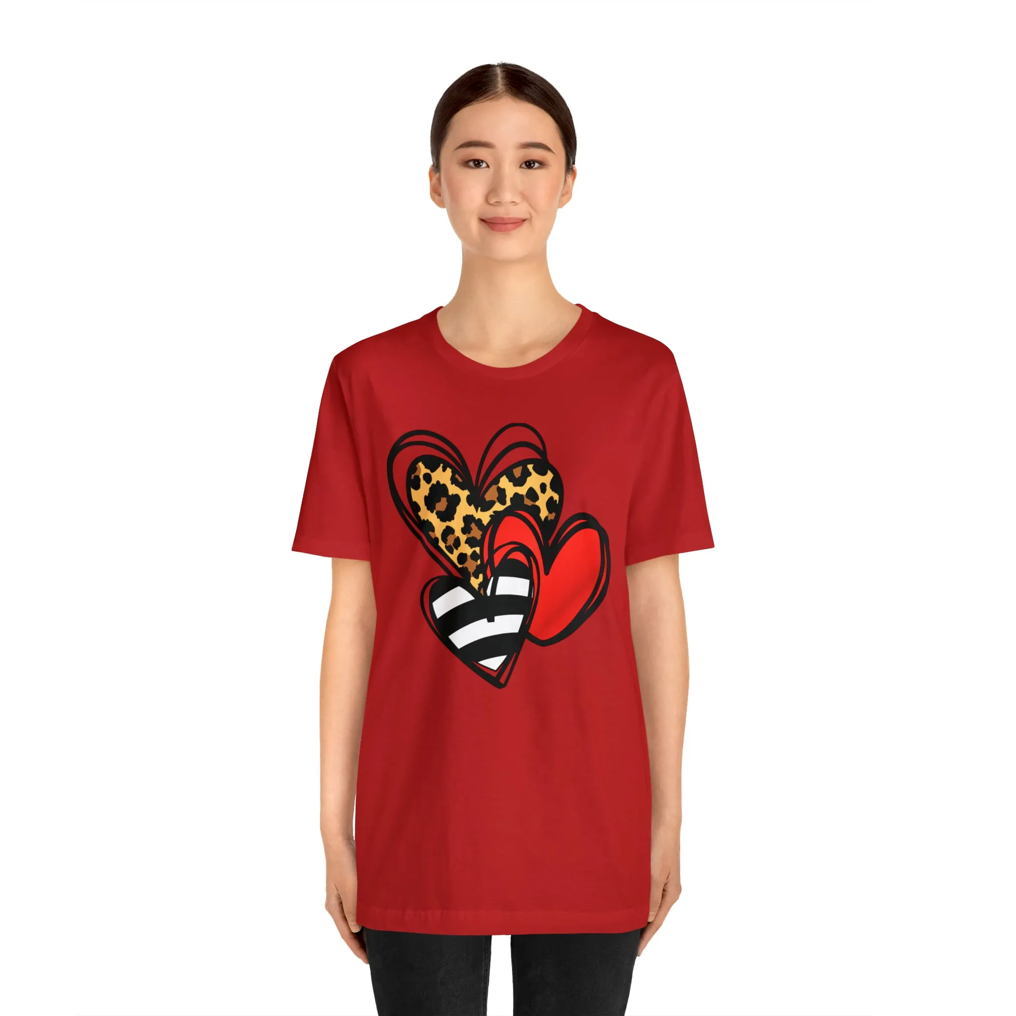 Leopard, Striped, Red Heart T-Shirt | Three Heart Tee |  Bella Canvas 3001 Unisex |  Happy Valentine's Day Short Sleeve Tshirt