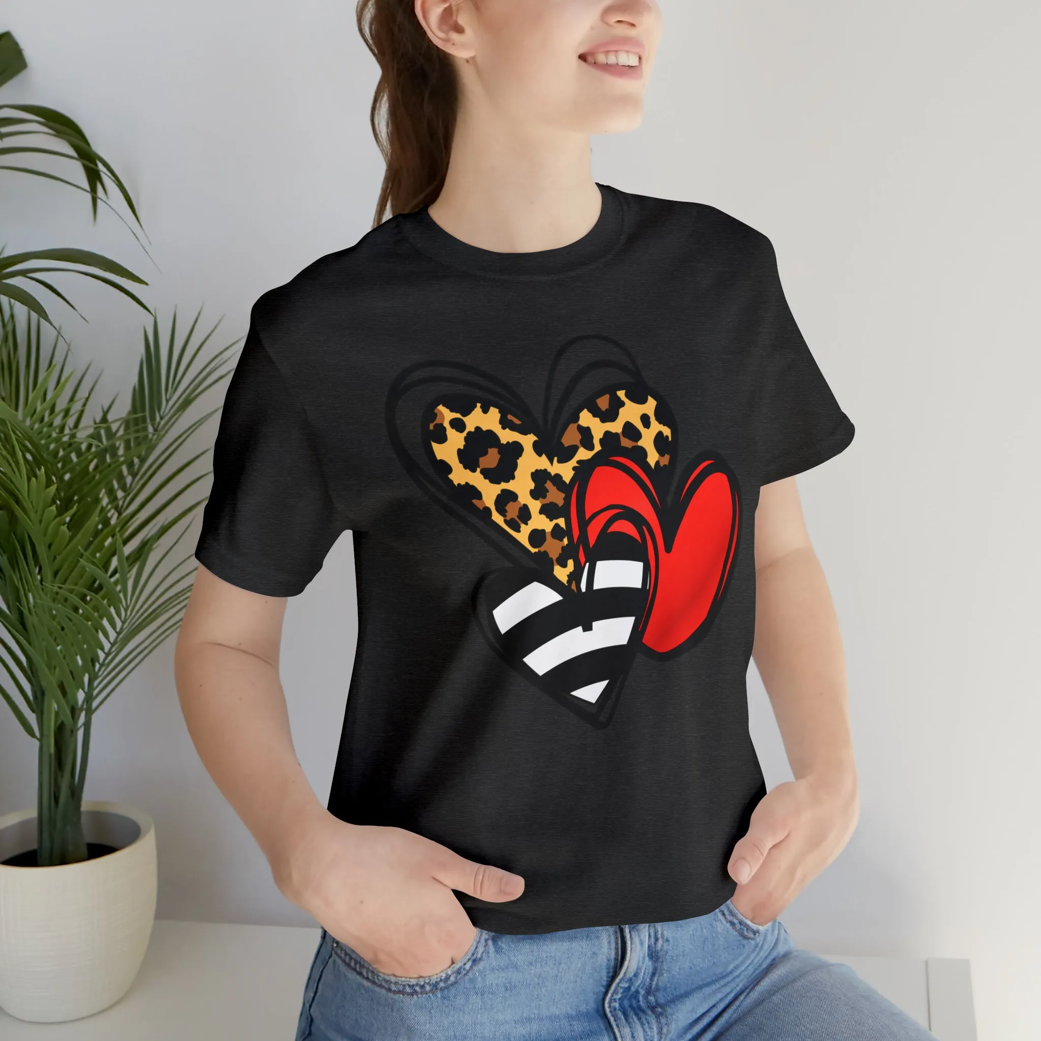 Leopard, Striped, Red Heart T-Shirt | Three Heart Tee |  Bella Canvas 3001 Unisex |  Happy Valentine's Day Short Sleeve Tshirt