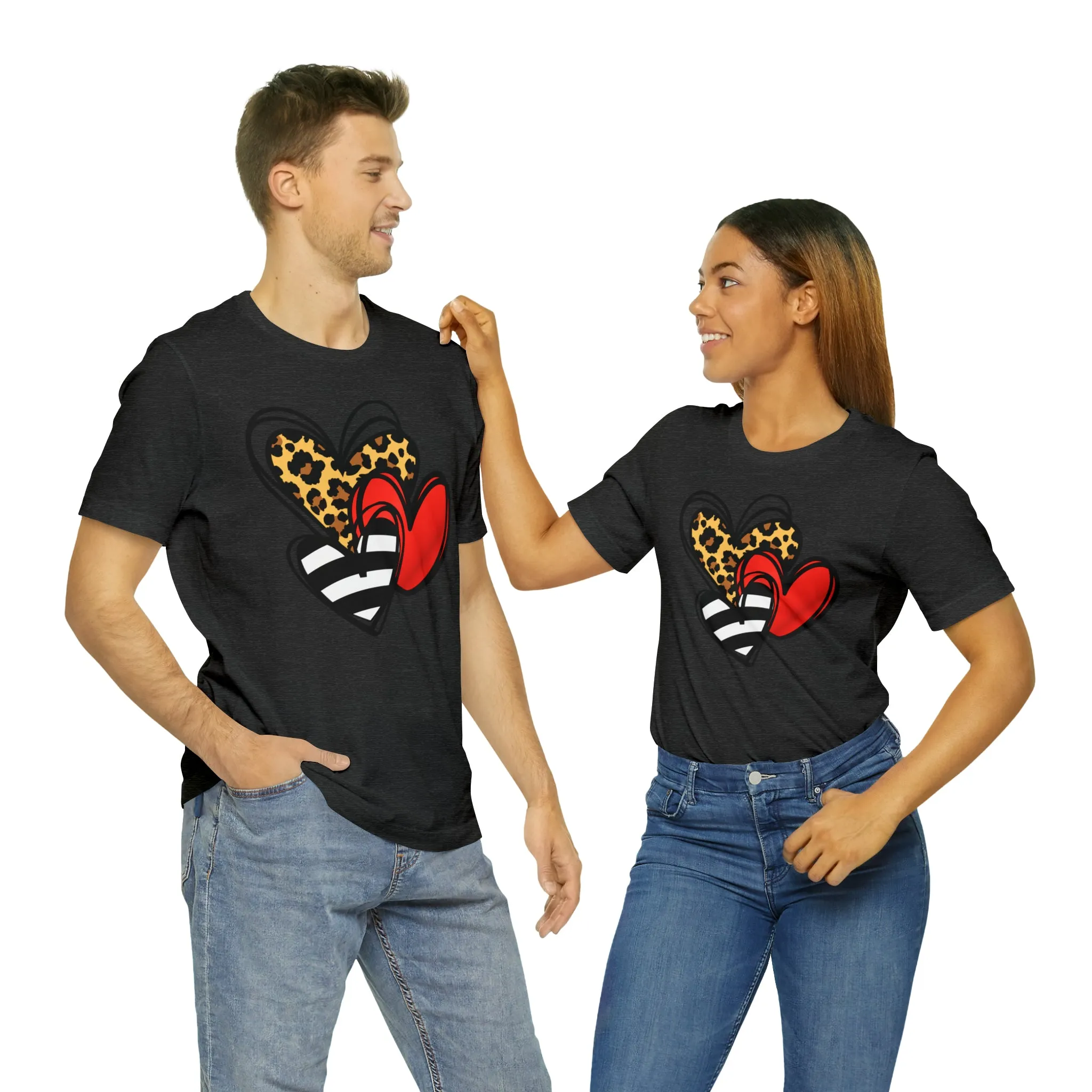 Leopard, Striped, Red Heart T-Shirt | Three Heart Tee |  Bella Canvas 3001 Unisex |  Happy Valentine's Day Short Sleeve Tshirt