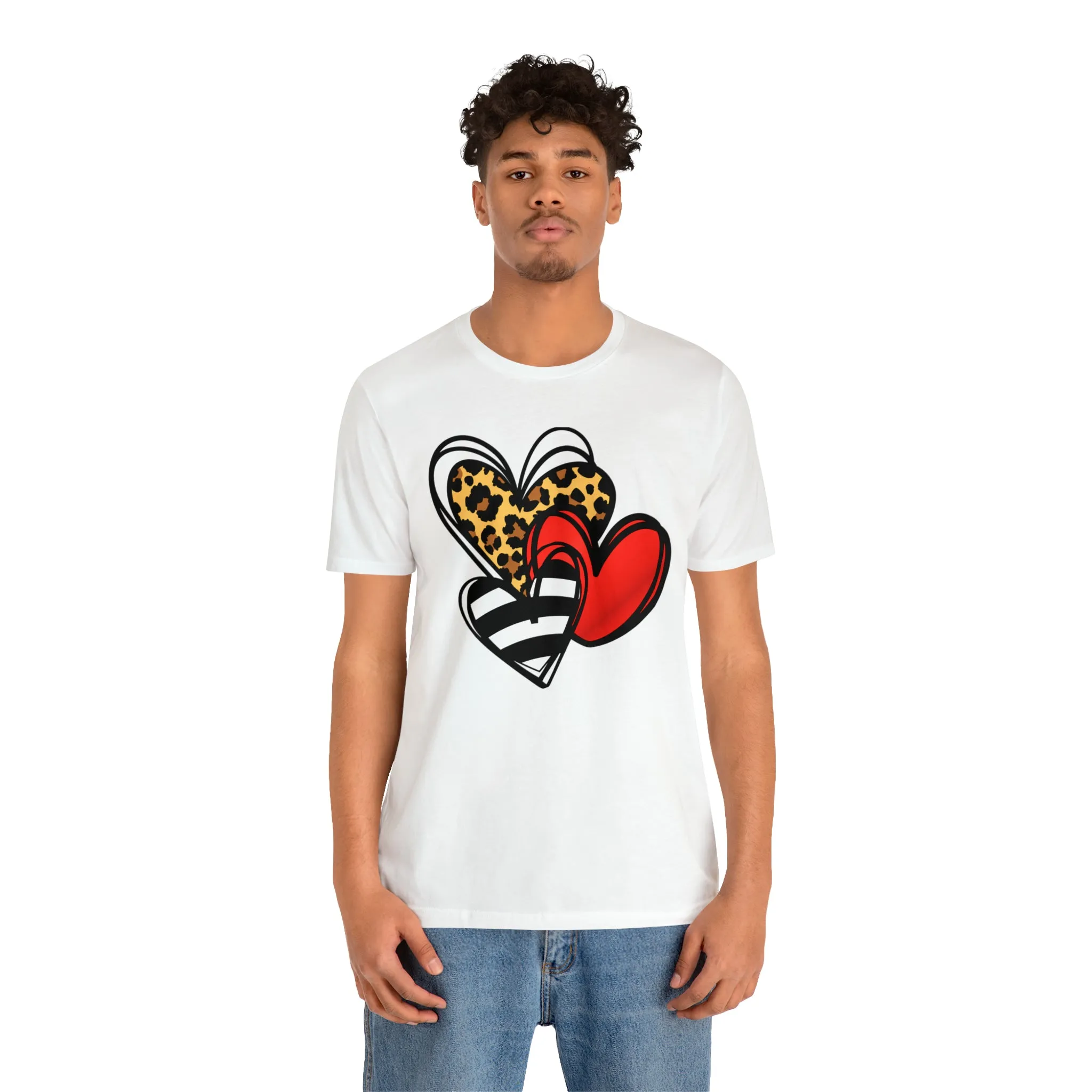Leopard, Striped, Red Heart T-Shirt | Three Heart Tee |  Bella Canvas 3001 Unisex |  Happy Valentine's Day Short Sleeve Tshirt
