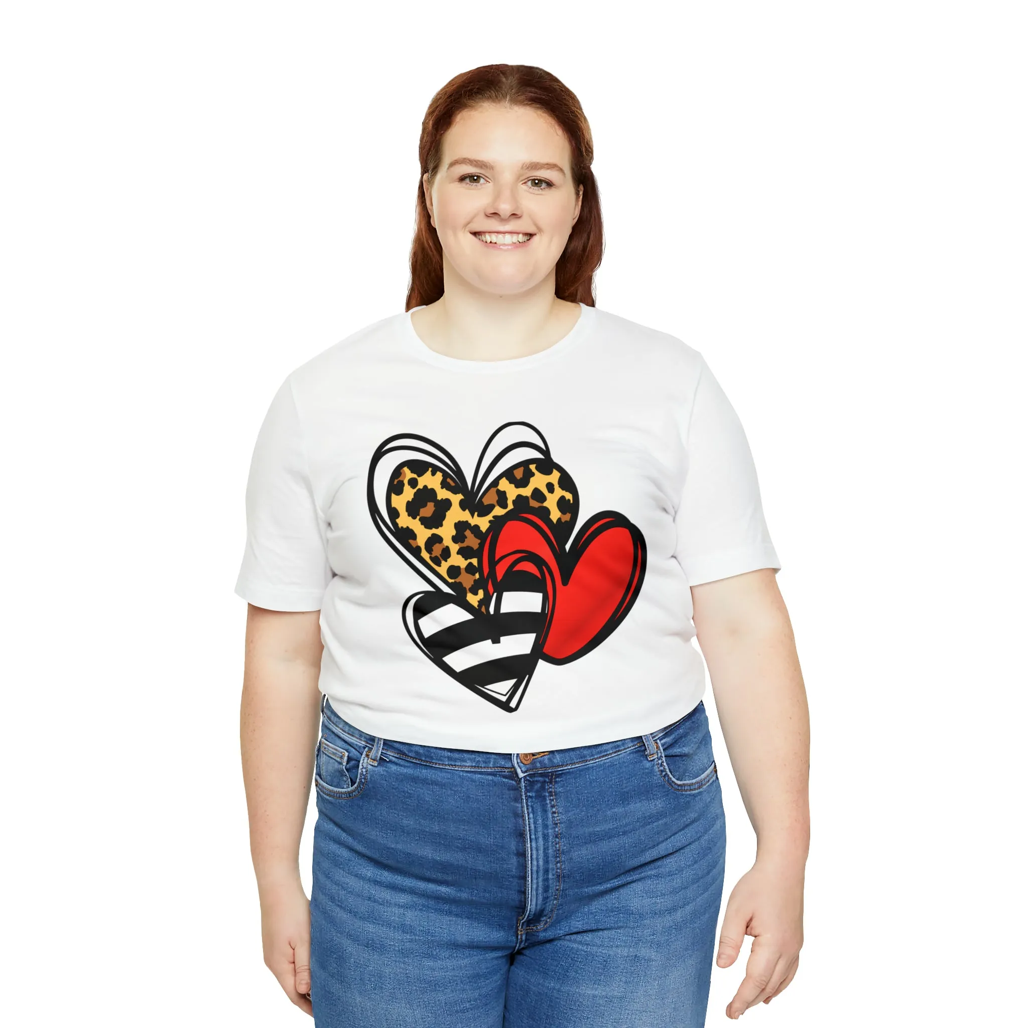 Leopard, Striped, Red Heart T-Shirt | Three Heart Tee |  Bella Canvas 3001 Unisex |  Happy Valentine's Day Short Sleeve Tshirt
