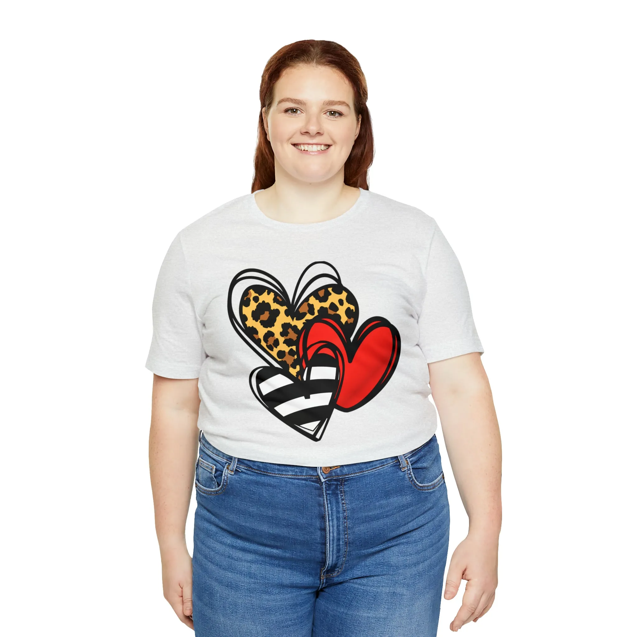 Leopard, Striped, Red Heart T-Shirt | Three Heart Tee |  Bella Canvas 3001 Unisex |  Happy Valentine's Day Short Sleeve Tshirt