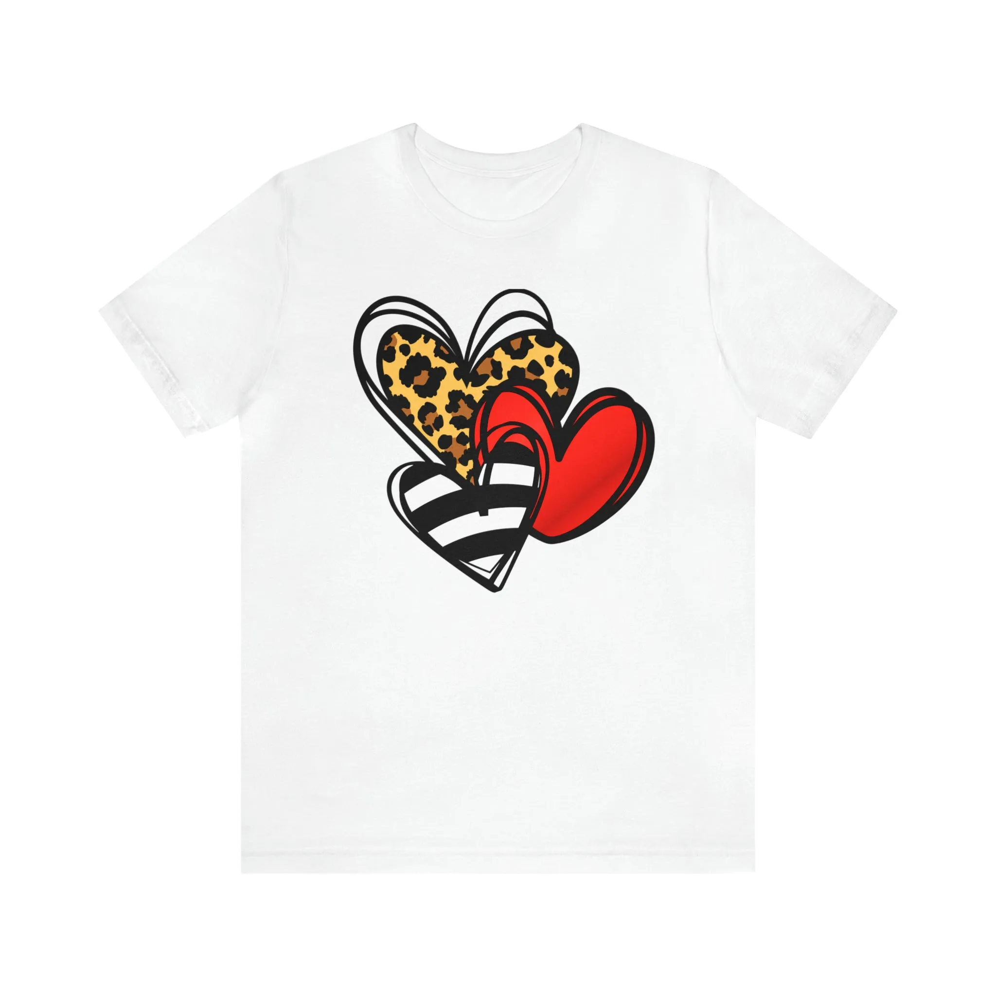Leopard, Striped, Red Heart T-Shirt | Three Heart Tee |  Bella Canvas 3001 Unisex |  Happy Valentine's Day Short Sleeve Tshirt