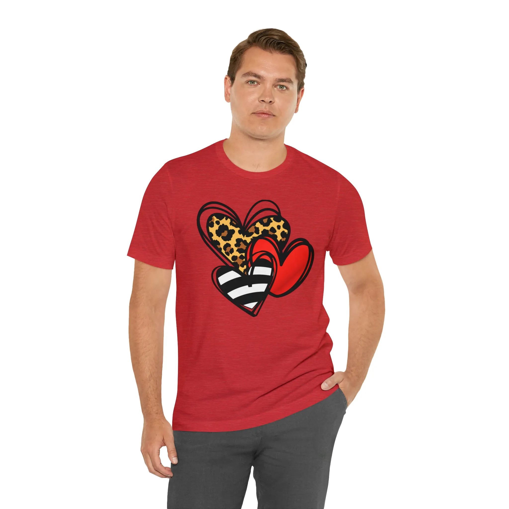 Leopard, Striped, Red Heart T-Shirt | Three Heart Tee |  Bella Canvas 3001 Unisex |  Happy Valentine's Day Short Sleeve Tshirt