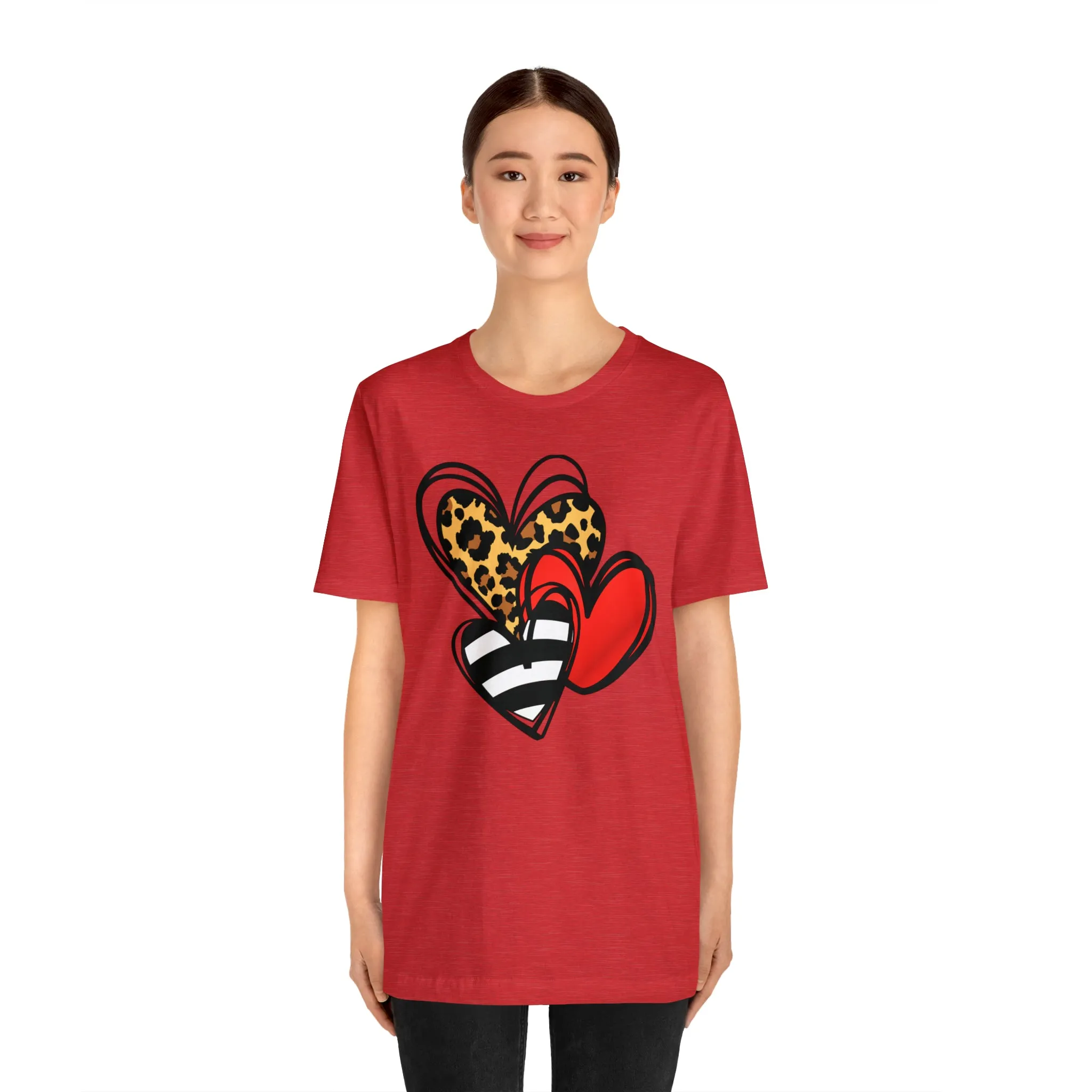 Leopard, Striped, Red Heart T-Shirt | Three Heart Tee |  Bella Canvas 3001 Unisex |  Happy Valentine's Day Short Sleeve Tshirt