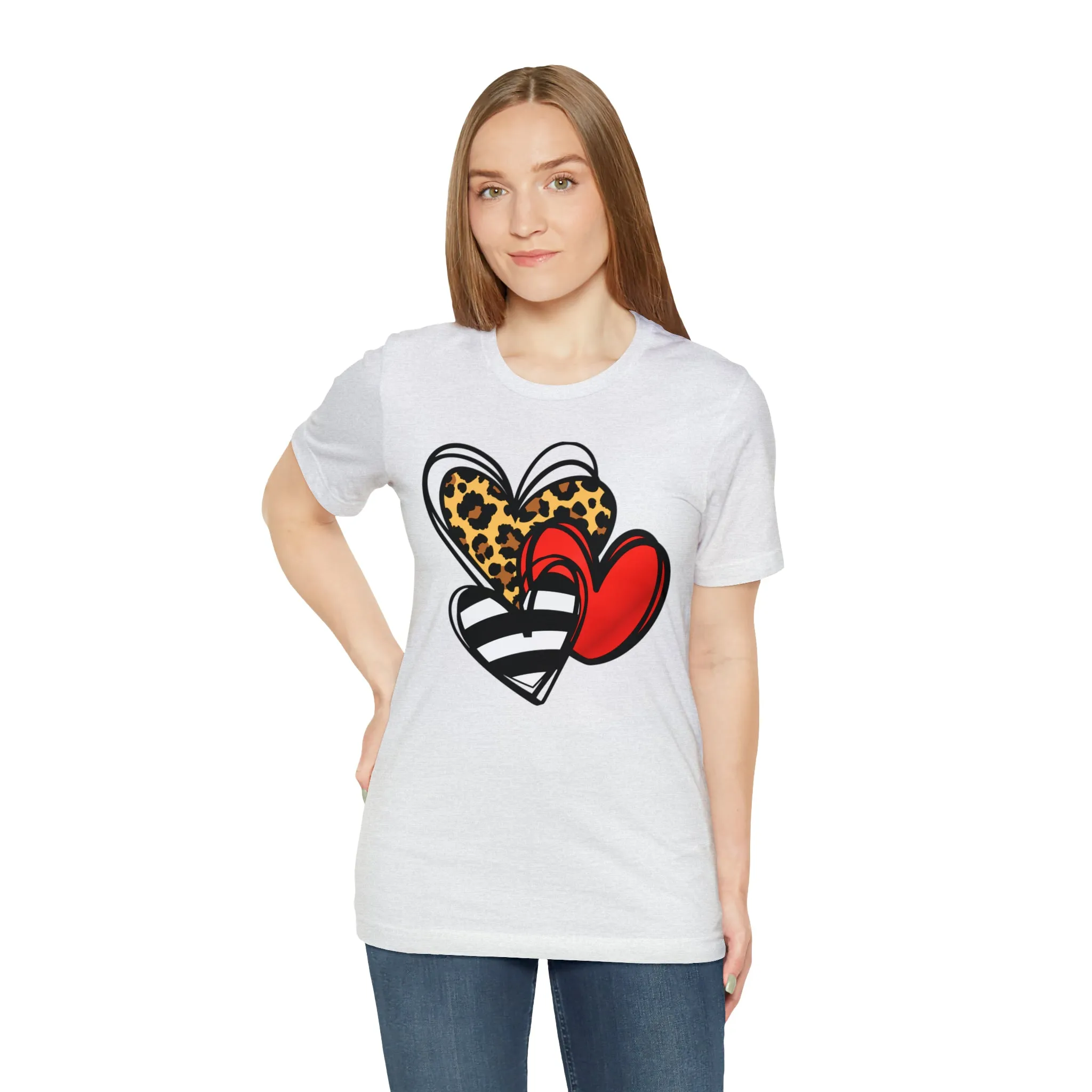 Leopard, Striped, Red Heart T-Shirt | Three Heart Tee |  Bella Canvas 3001 Unisex |  Happy Valentine's Day Short Sleeve Tshirt