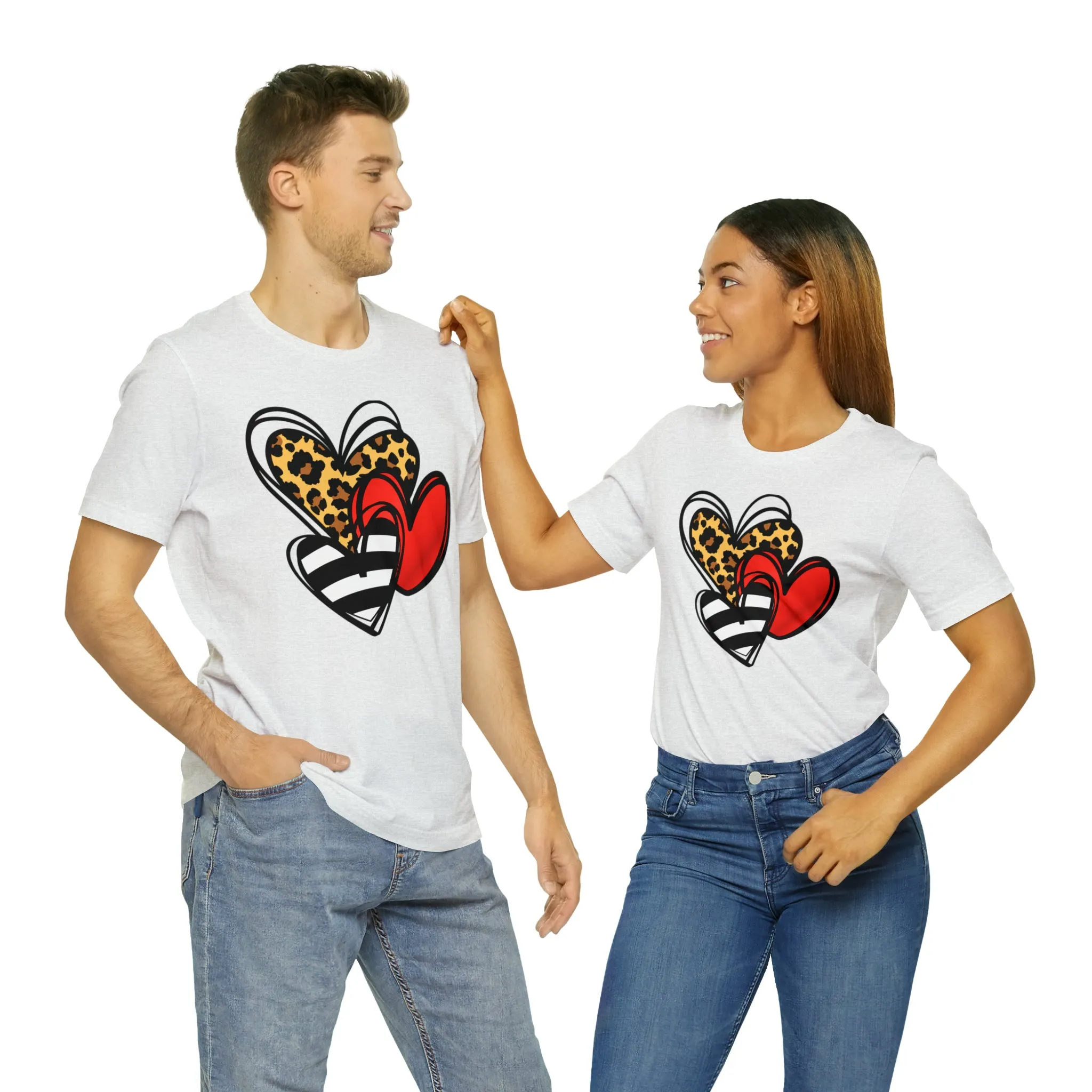 Leopard, Striped, Red Heart T-Shirt | Three Heart Tee |  Bella Canvas 3001 Unisex |  Happy Valentine's Day Short Sleeve Tshirt