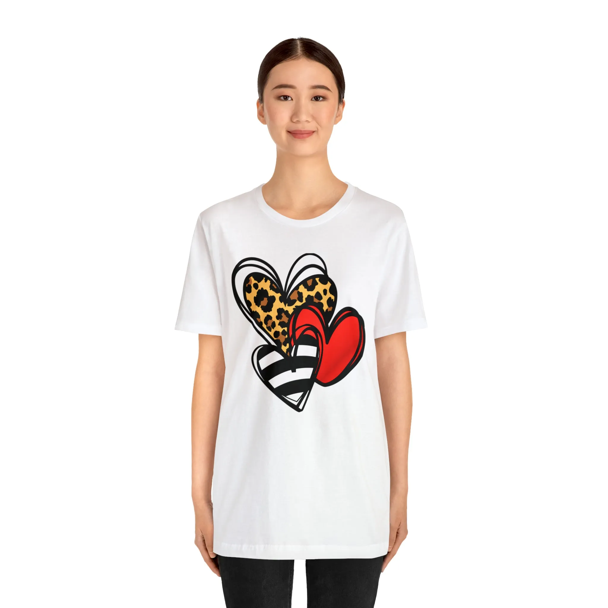 Leopard, Striped, Red Heart T-Shirt | Three Heart Tee |  Bella Canvas 3001 Unisex |  Happy Valentine's Day Short Sleeve Tshirt