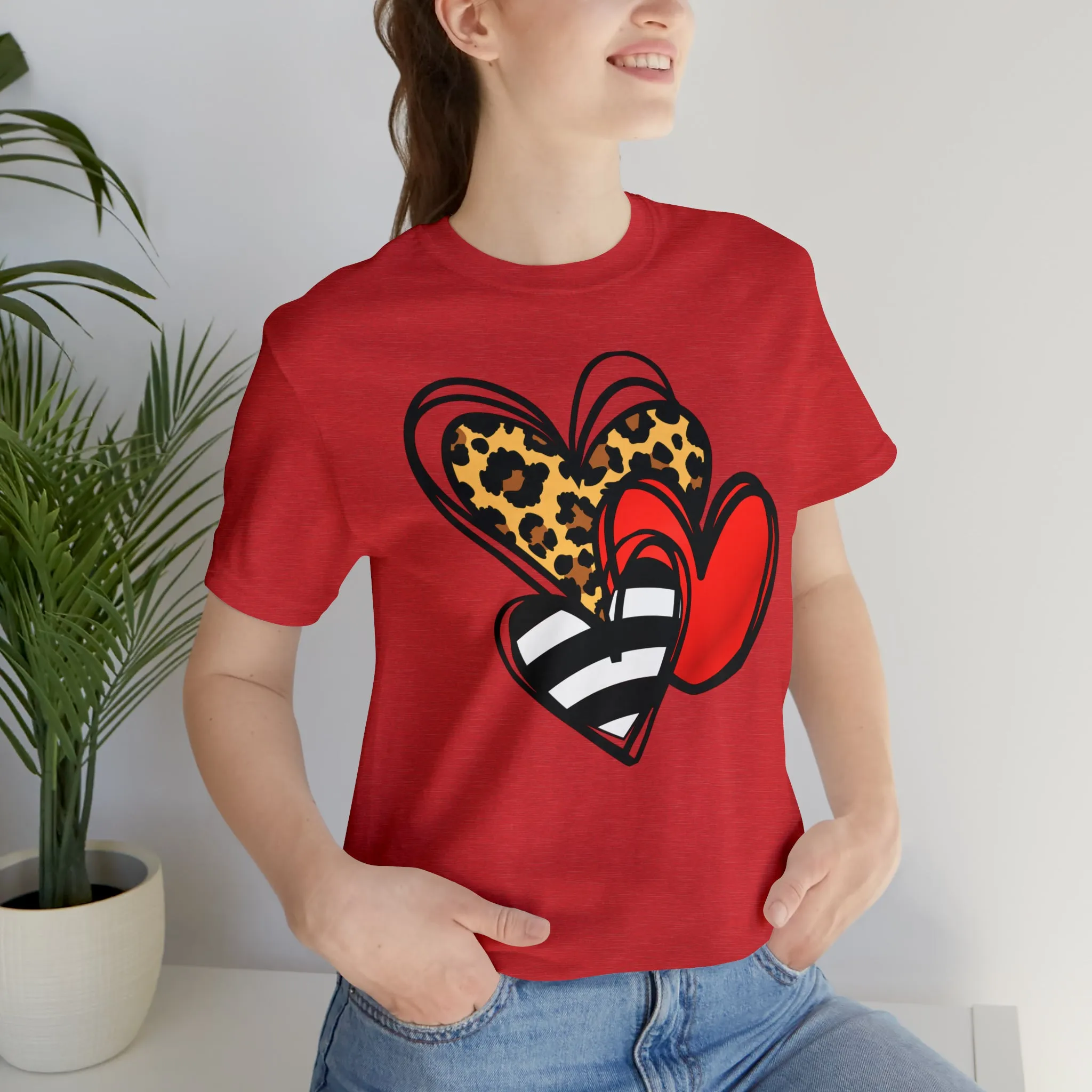Leopard, Striped, Red Heart T-Shirt | Three Heart Tee |  Bella Canvas 3001 Unisex |  Happy Valentine's Day Short Sleeve Tshirt