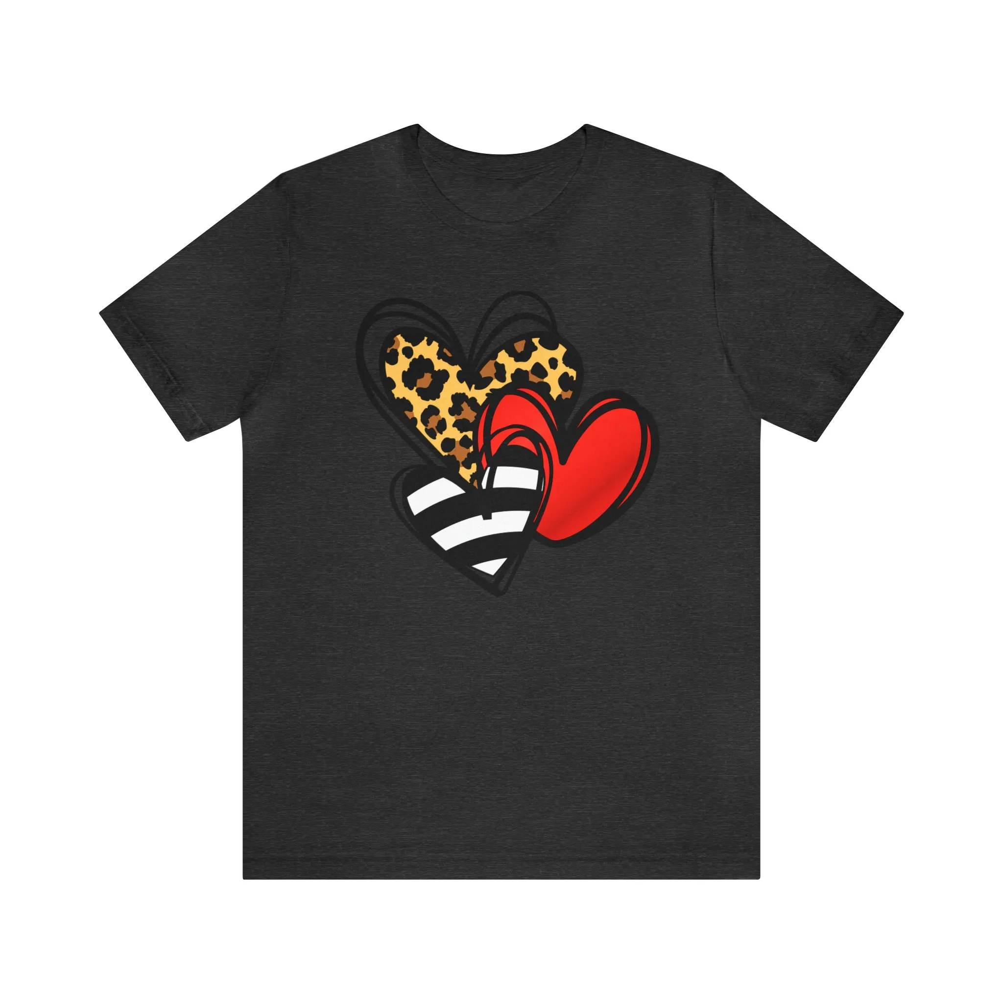 Leopard, Striped, Red Heart T-Shirt | Three Heart Tee |  Bella Canvas 3001 Unisex |  Happy Valentine's Day Short Sleeve Tshirt