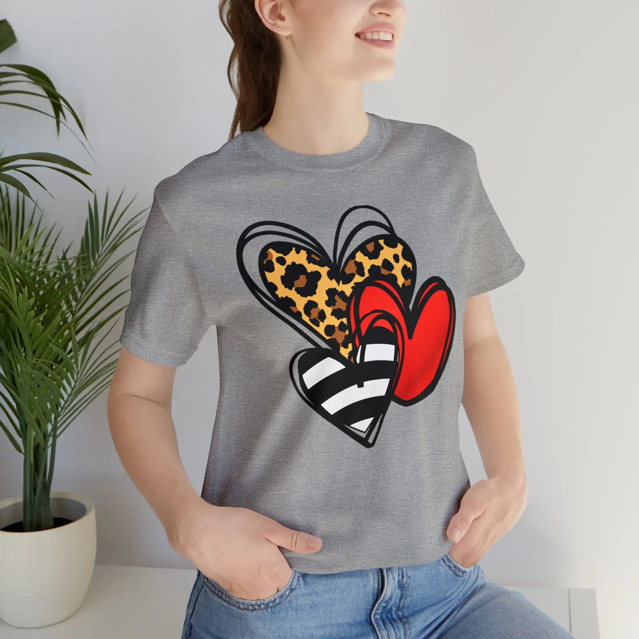 Leopard, Striped, Red Heart T-Shirt | Three Heart Tee |  Bella Canvas 3001 Unisex |  Happy Valentine's Day Short Sleeve Tshirt