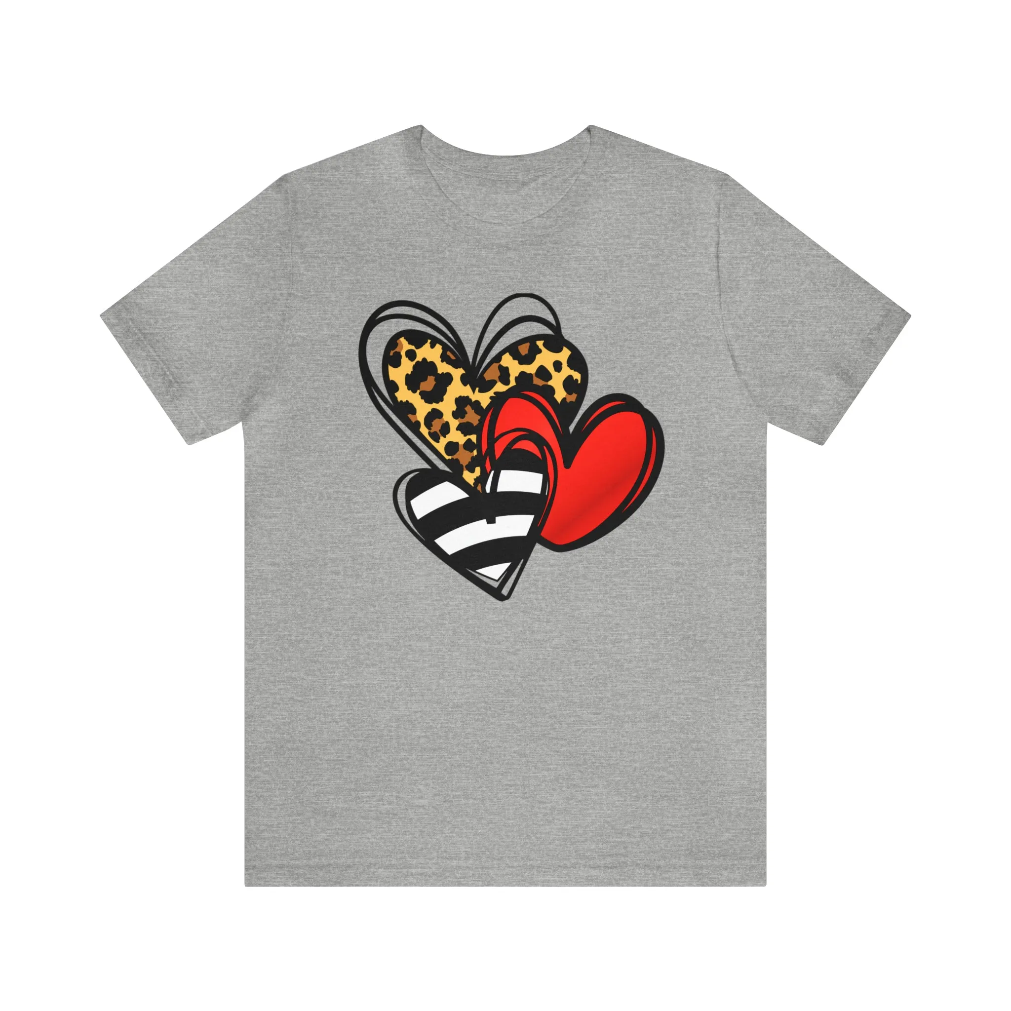Leopard, Striped, Red Heart T-Shirt | Three Heart Tee |  Bella Canvas 3001 Unisex |  Happy Valentine's Day Short Sleeve Tshirt