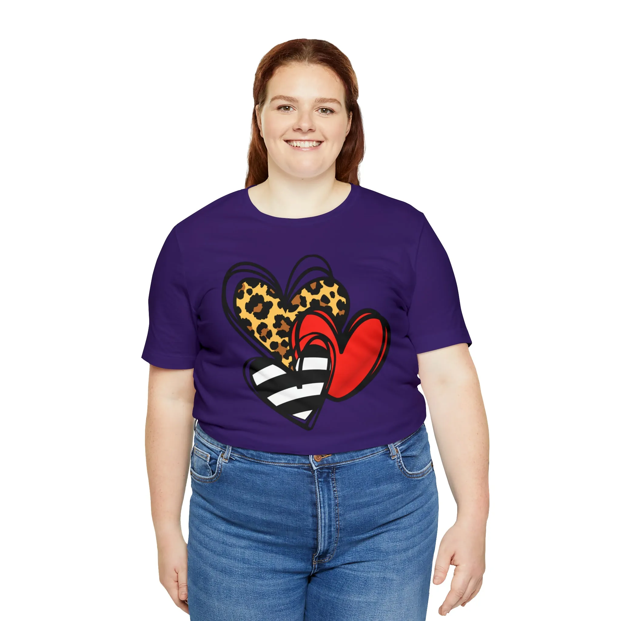 Leopard, Striped, Red Heart T-Shirt | Three Heart Tee |  Bella Canvas 3001 Unisex |  Happy Valentine's Day Short Sleeve Tshirt