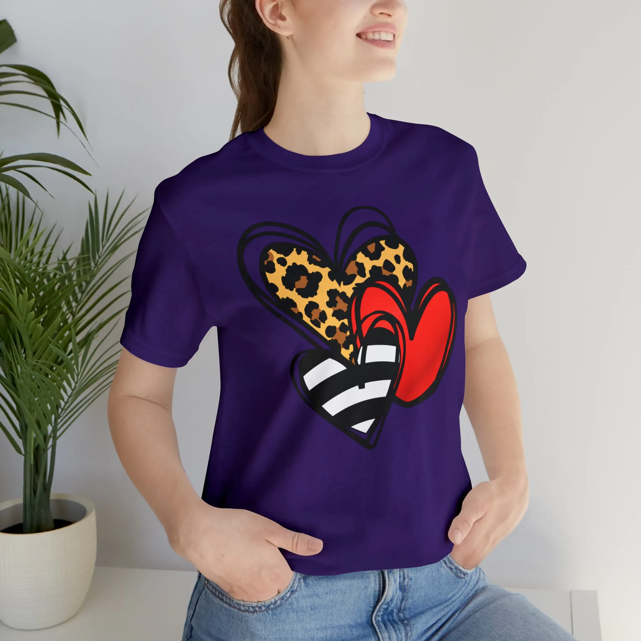 Leopard, Striped, Red Heart T-Shirt | Three Heart Tee |  Bella Canvas 3001 Unisex |  Happy Valentine's Day Short Sleeve Tshirt